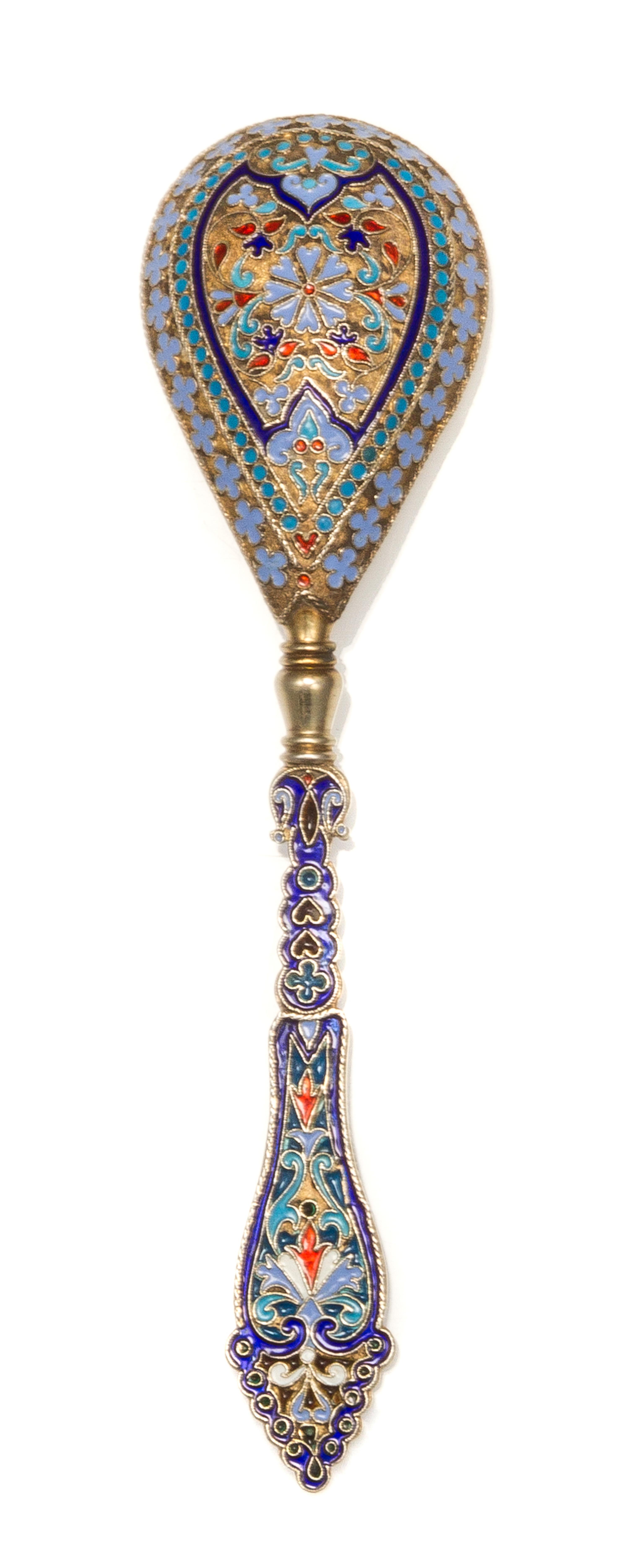 A Russian Silver-Gilt and Enamel Spoon, Mark of Ivan Khlebnikov with Imperial warrant, assay mark of A. Romanov, Moscow, 1889, the hand