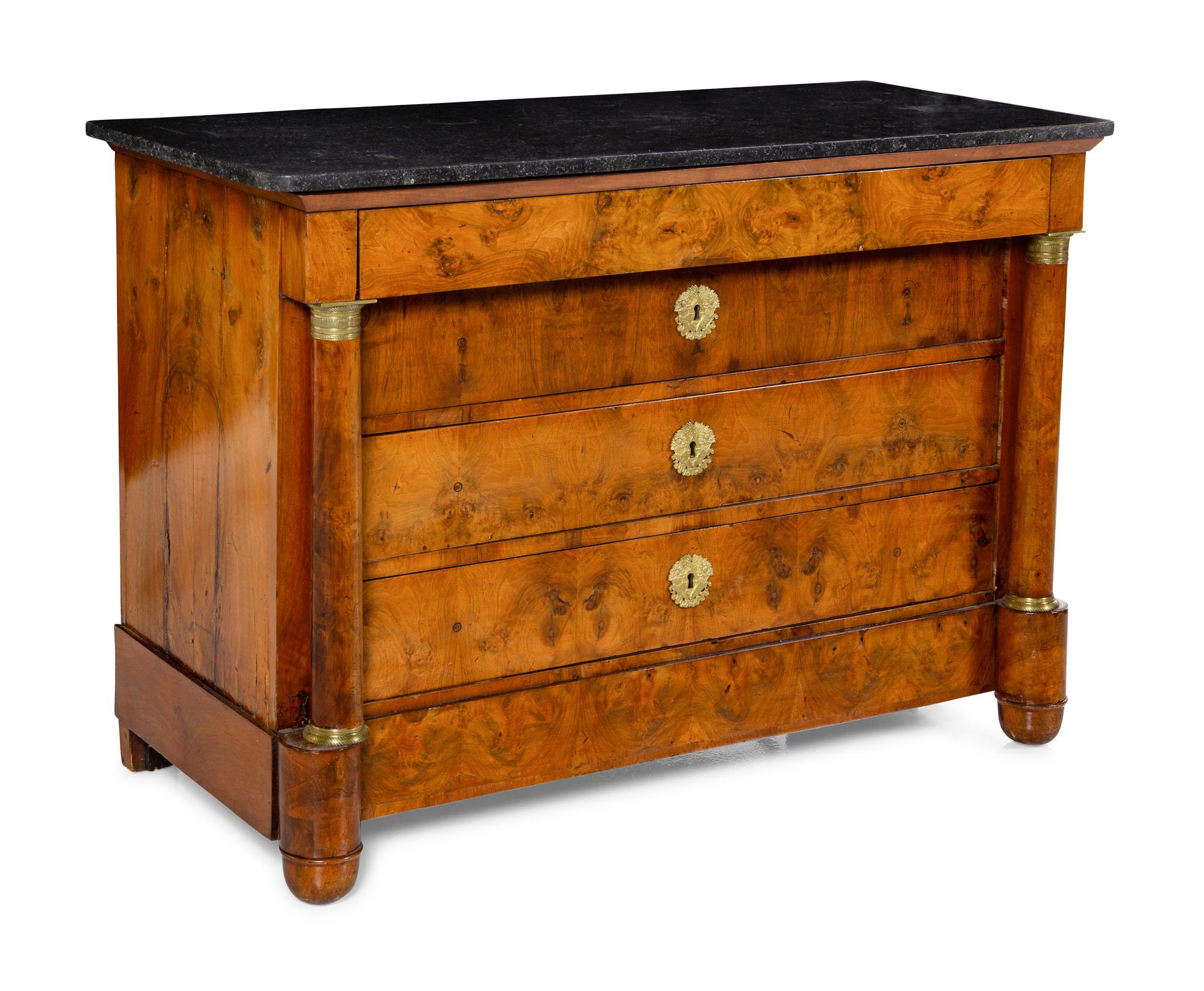 An Empire Style Burl Walnut Marble-Top Commode