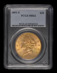 A United States 1891-S Liberty Head $20 Gold Coin
