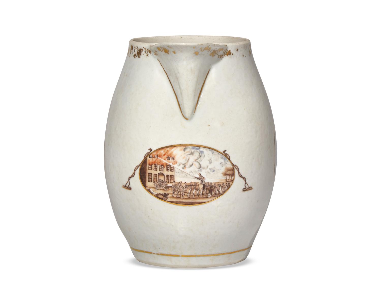 A Chinese Export Porcelain Cider Jug Decorated With A Rare Fire Fighting Scene