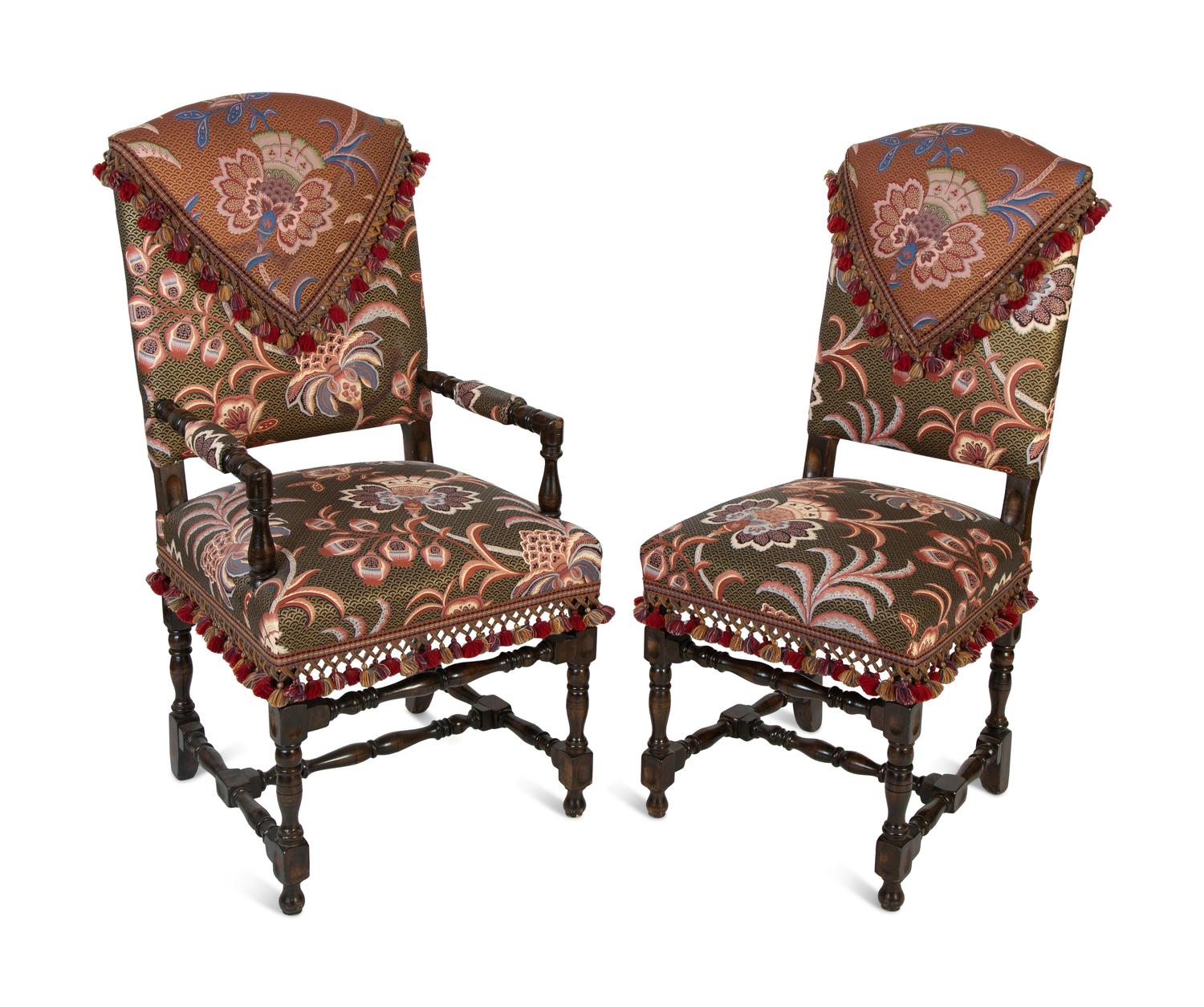 A Set of Eight English Silk Upholstered Dining Chairs — EARLY 20TH CENTURY