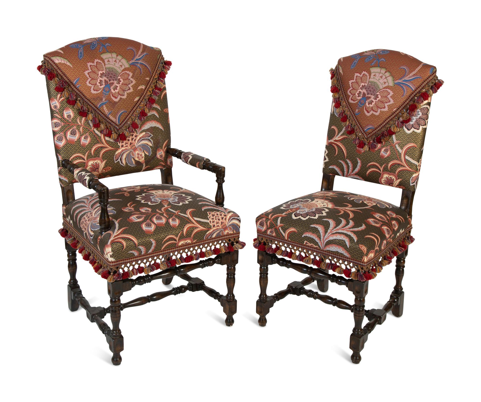 A Set of Eight English Silk Upholstered Dining Chairs — EARLY 20TH CENTURY