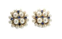 A Pair of White Gold, Cultured Pearl and Sapphire Cluster Earclips, 11.40 dwts.