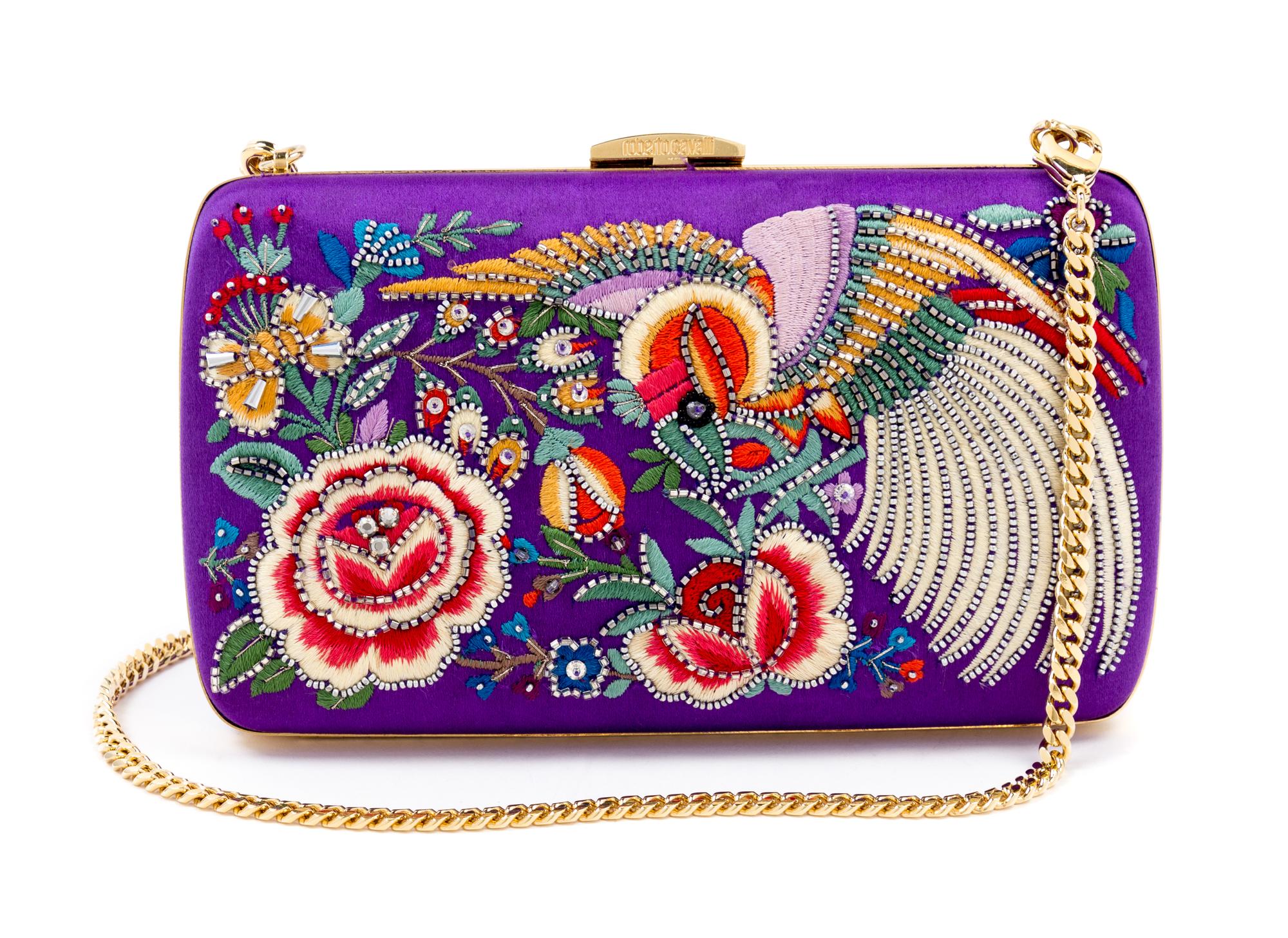 A Roberto Cavalli Purple Floral Embellished Halter Gown, Clutch: 7.5" x 4.75" x 1".
