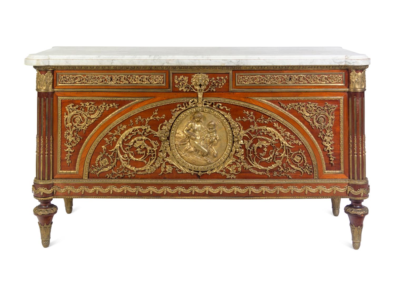 A Louis XVI Style Gilt Bronze Mounted Marble-Top Commode à Vantaux After the Model by Guillaume Benneman