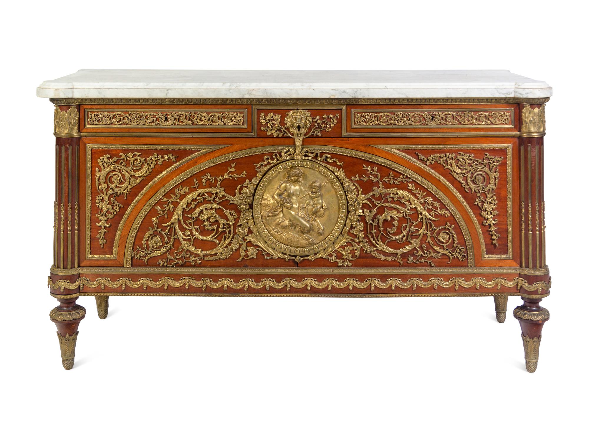 A Louis XVI Style Gilt Bronze Mounted Marble-Top Commode à Vantaux After the Model by Guillaume Benneman