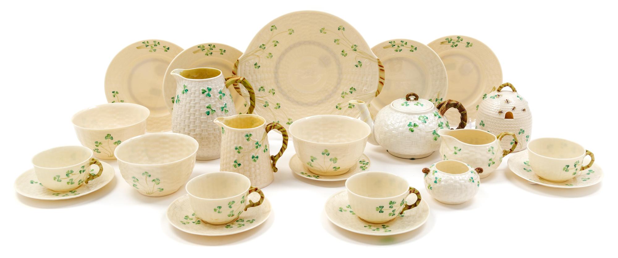 An Assembled Belleek Basketweave Shamrock Tea Service Width of teapot 8 1/2 inches. — SECOND BLACK MARK THROUGH SEVENTH GOLD MARK (1891-1993)