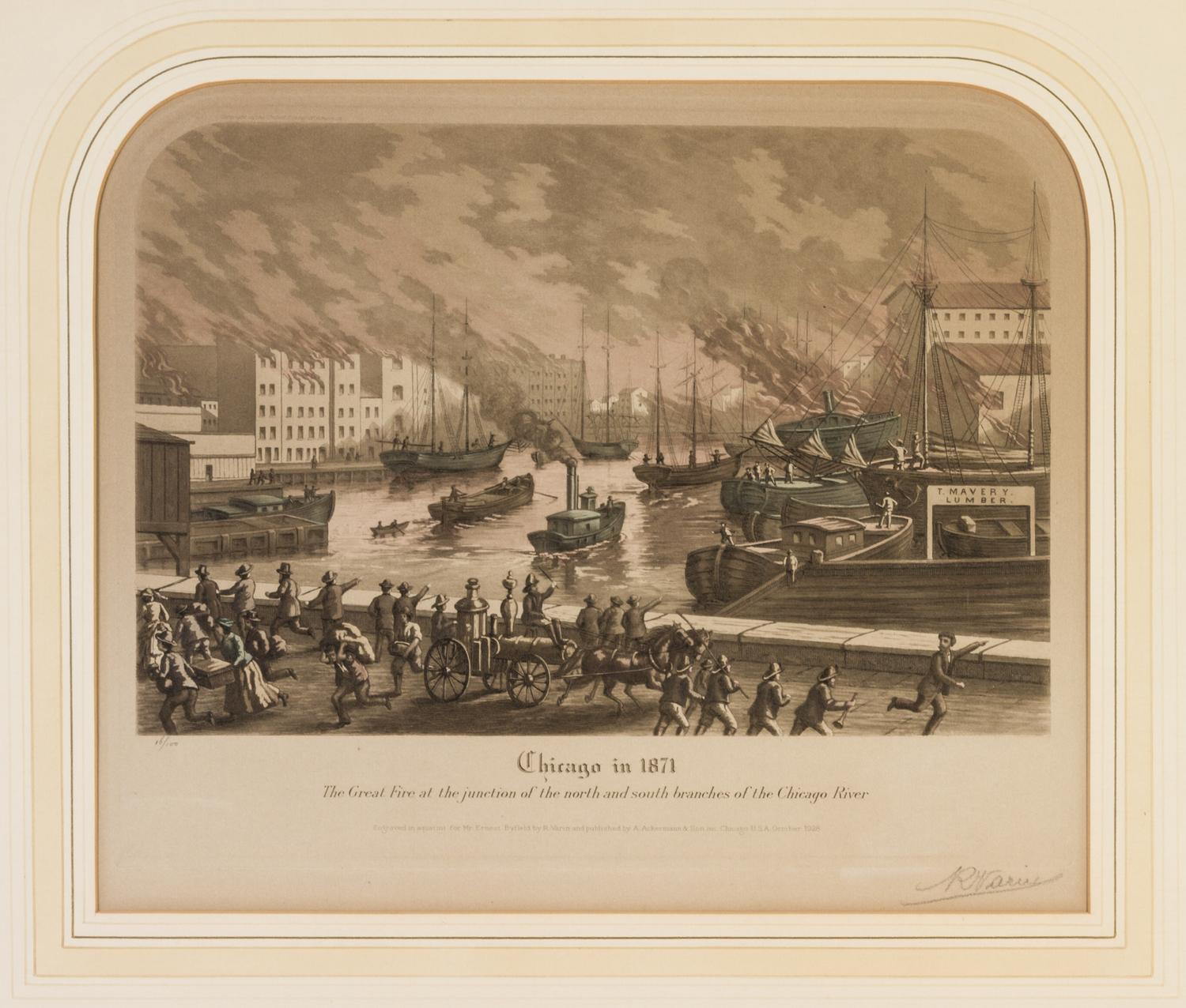 (CHICAGO) VARIN, RAOUL. A group of four original color aquatints, depicting various views of Chicago, various dates. Framed.