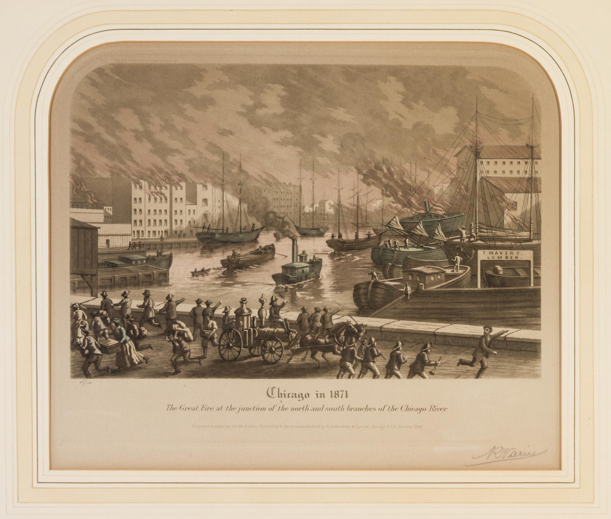 (CHICAGO) VARIN, RAOUL. A group of four original color aquatints, depicting various views of Chicago, various dates. Framed.