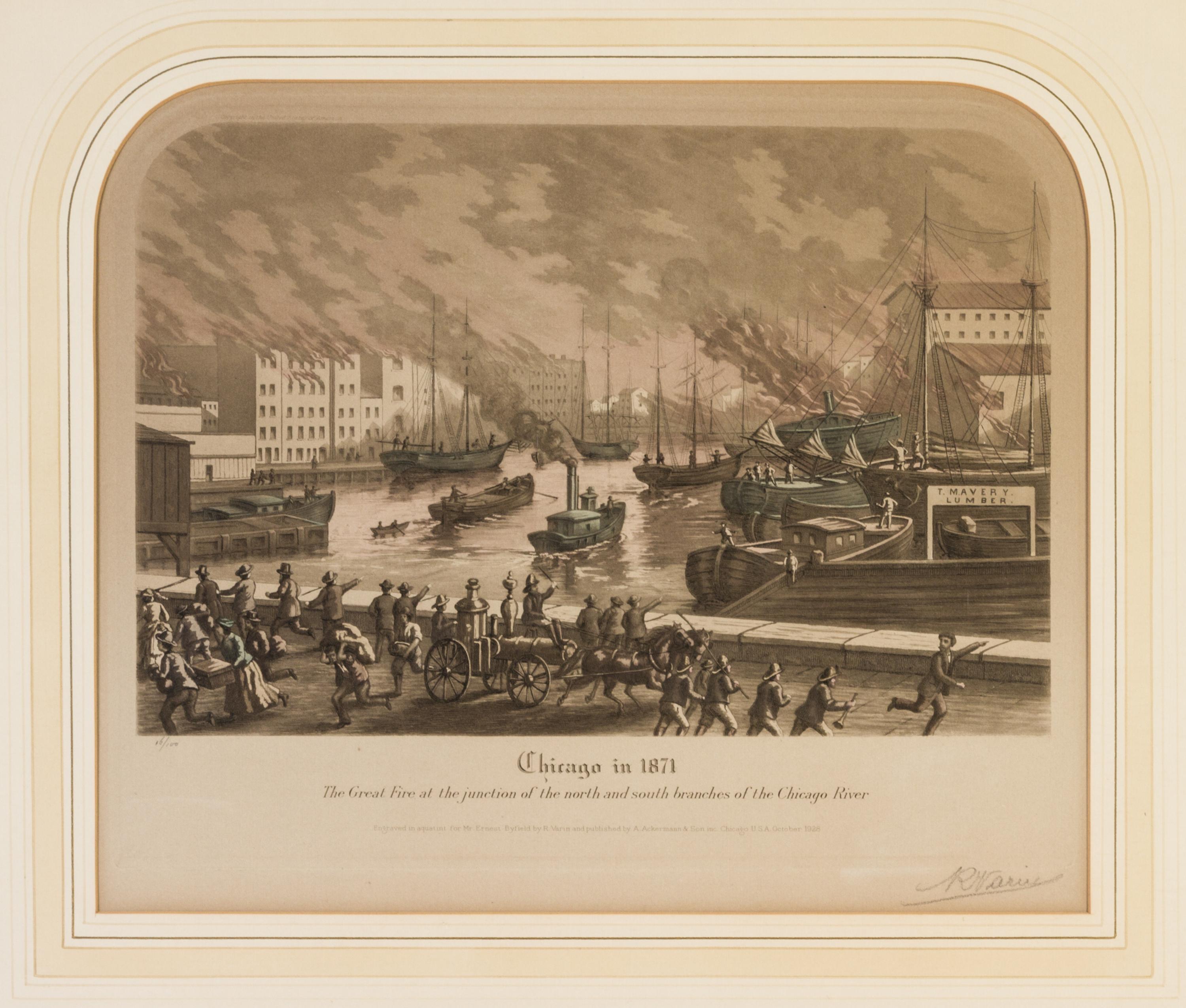 (CHICAGO) VARIN, RAOUL. A group of four original color aquatints, depicting various views of Chicago, various dates. Framed.