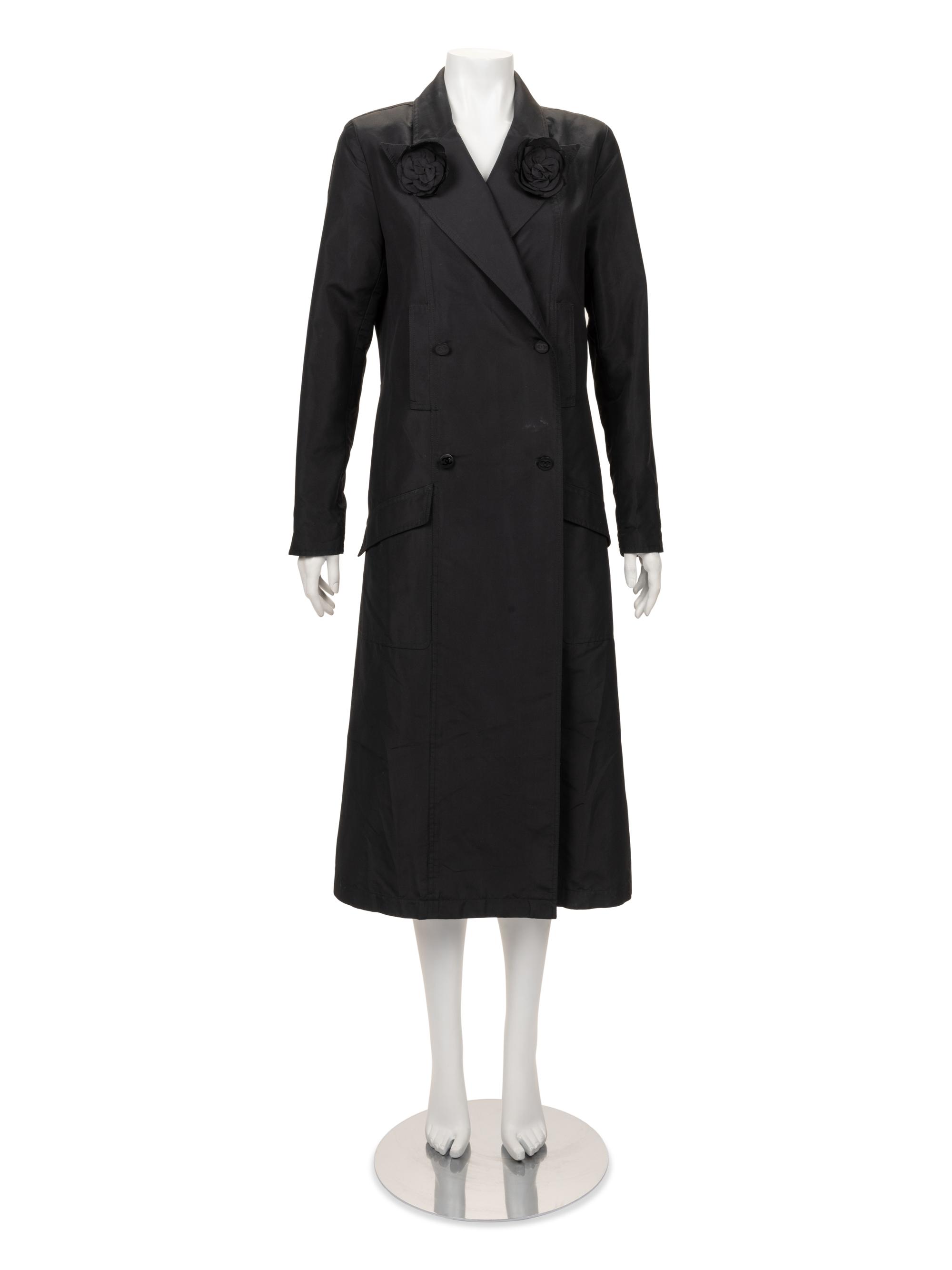 Chanel Double-Breasted Taffeta Coat with Camellia Pins