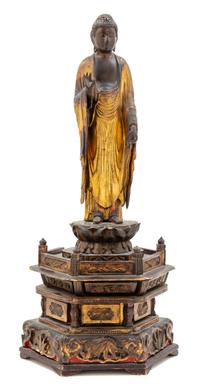 A Gilt Lacquered Wood Figure of Buddha Height overall 33 1/2 inches. — 19TH CENTURY