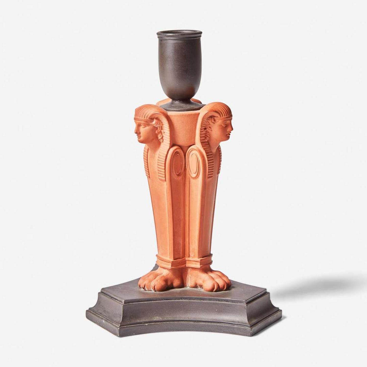 A Wedgwood Black Basalt and Rosso Antico Egyptian Revival Sphinx Monopodia Candleholder UK, early 19th century
