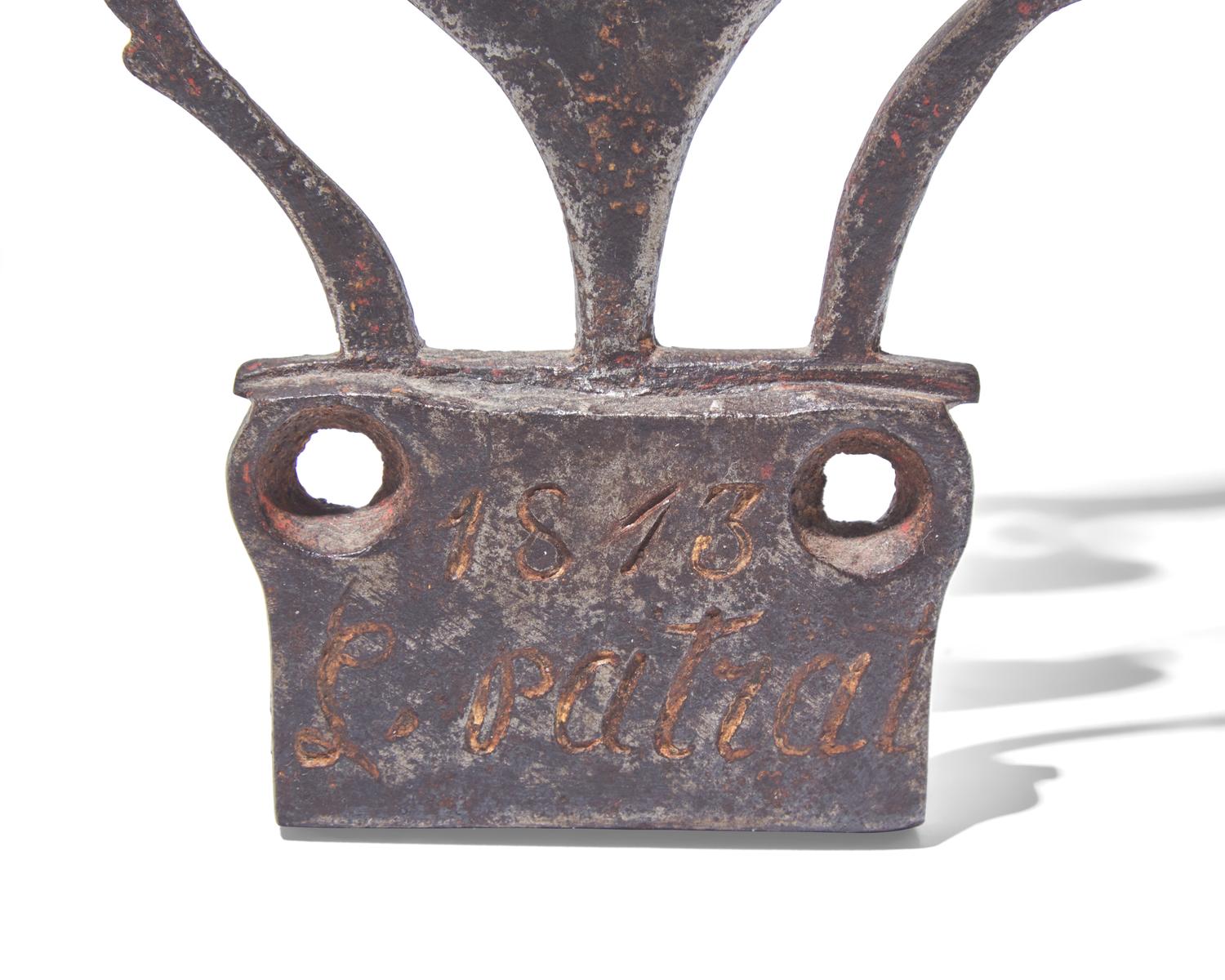 A Figural Wrought Iron Plate with Rooster Finial, Probably French, Dated and Inscribed, "1813 L. Patrat"