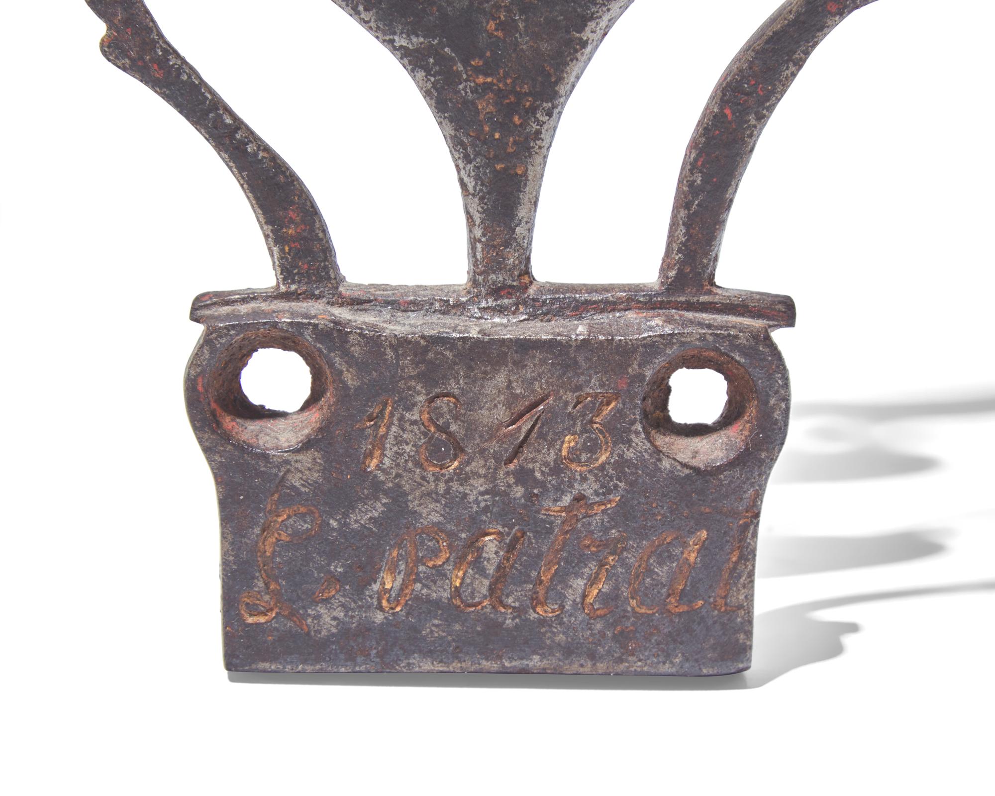 A Figural Wrought Iron Plate with Rooster Finial, Probably French, Dated and Inscribed, "1813 L. Patrat"