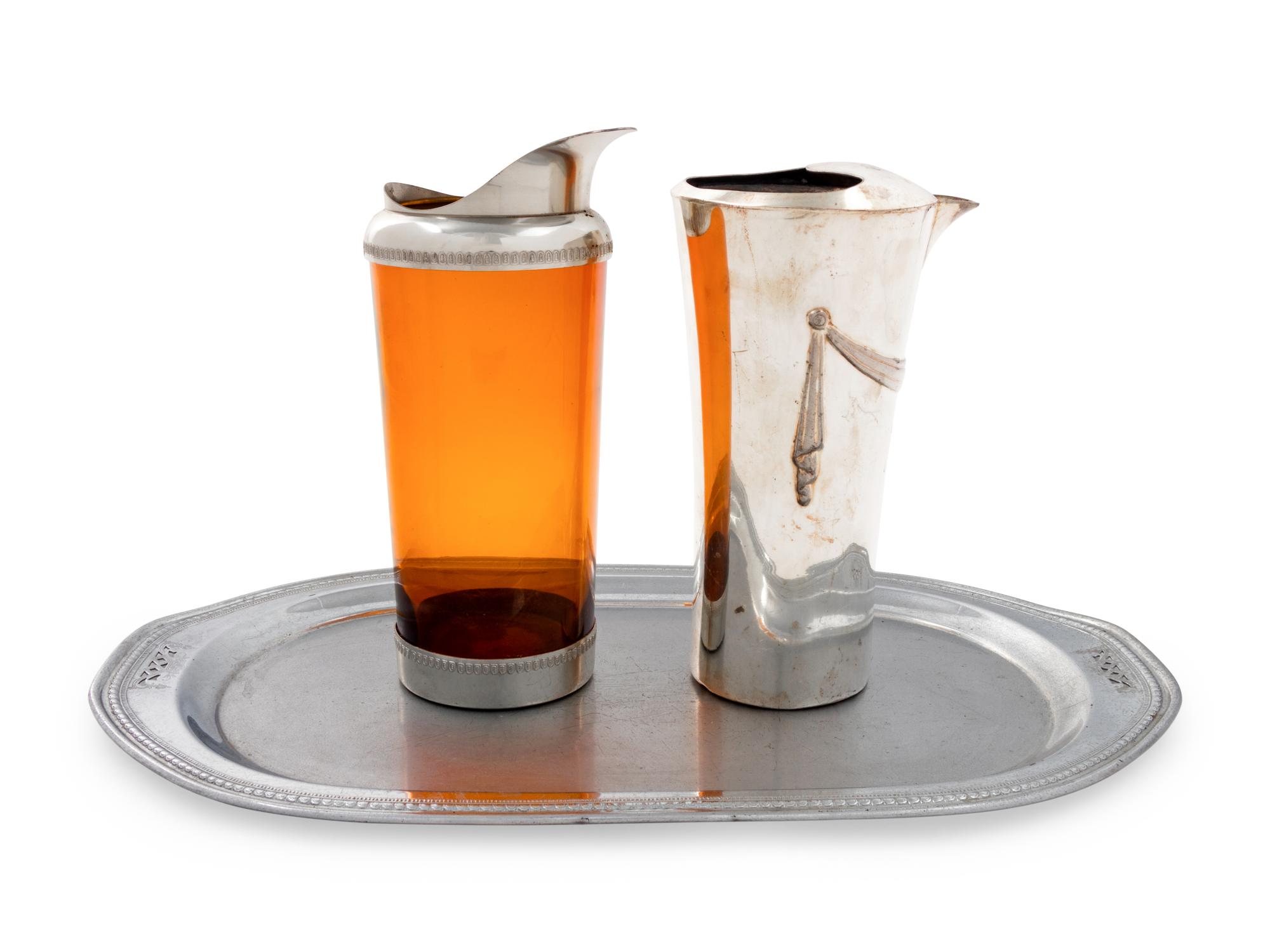 Two Silver-Plate Mounted Cocktail Carafes and a Tray