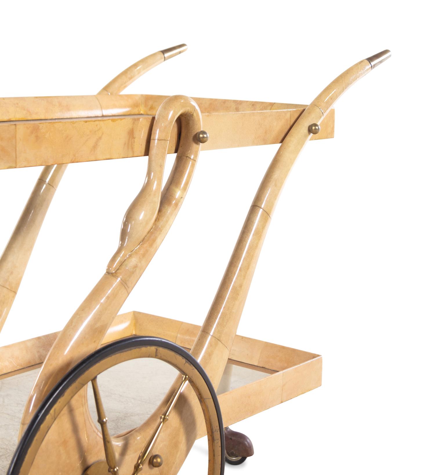 A Parchment Veneered Swan Bar Trolley Attributed to Aldo Tura