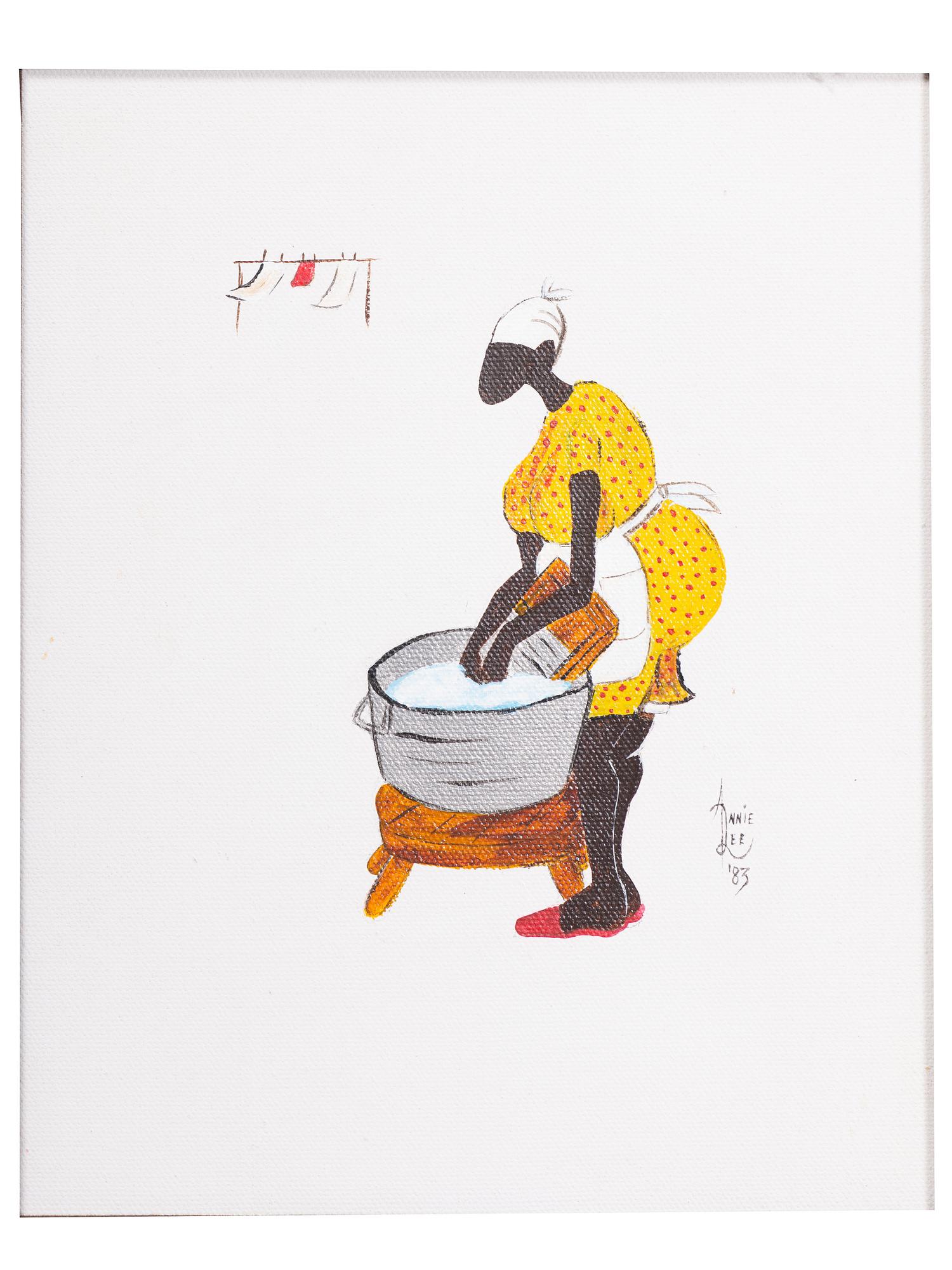 LEE, Annie (1935-2014). Original oil on canvas of a woman doing wash painted by African American painter Annie Lee. 1983.