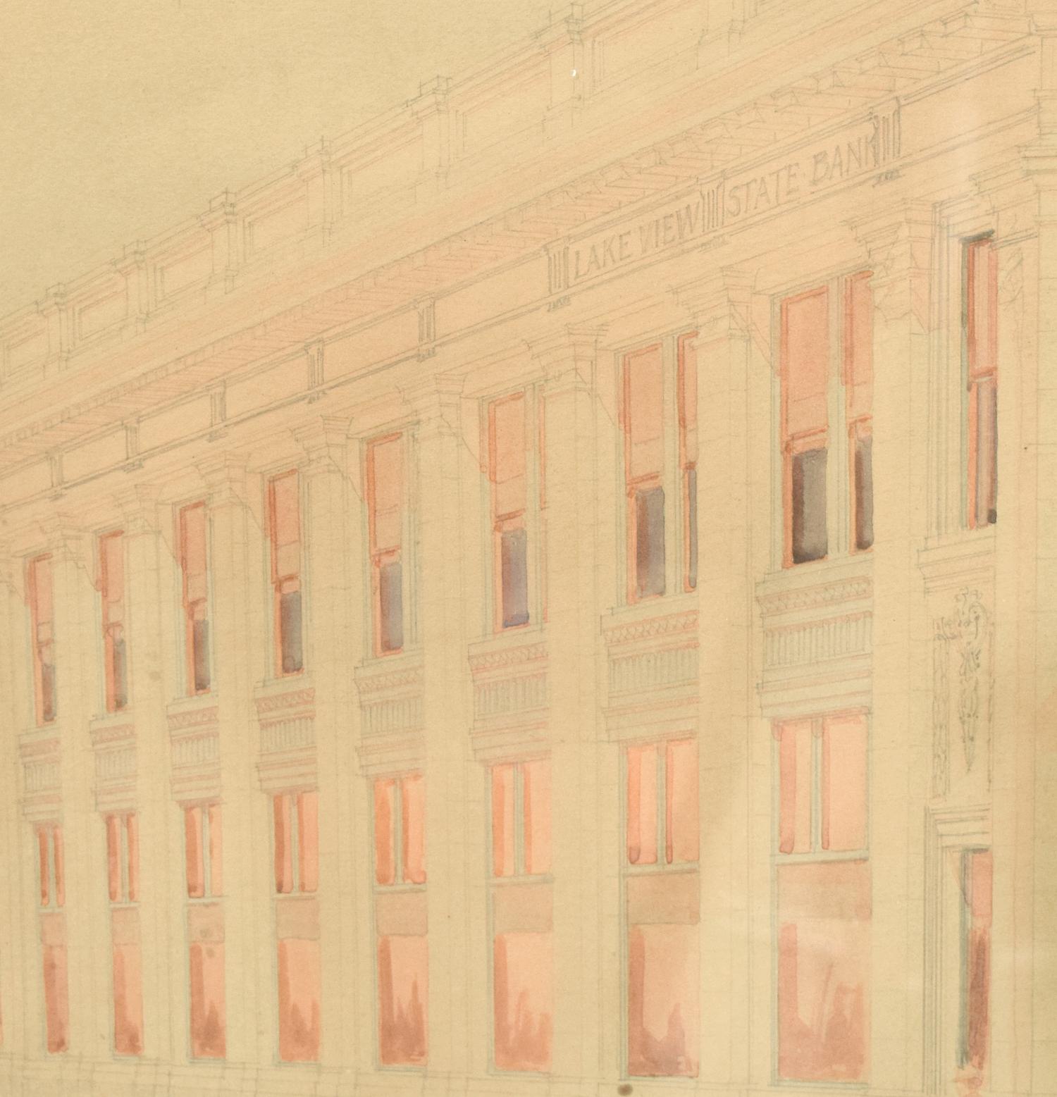 A Hand Rendered Presentation Drawing of the Lake View State Bank Building at Clark & Belmont in Chicago, IL. 34.5" W x .75" D x 29.5" H — United States, 20th Century