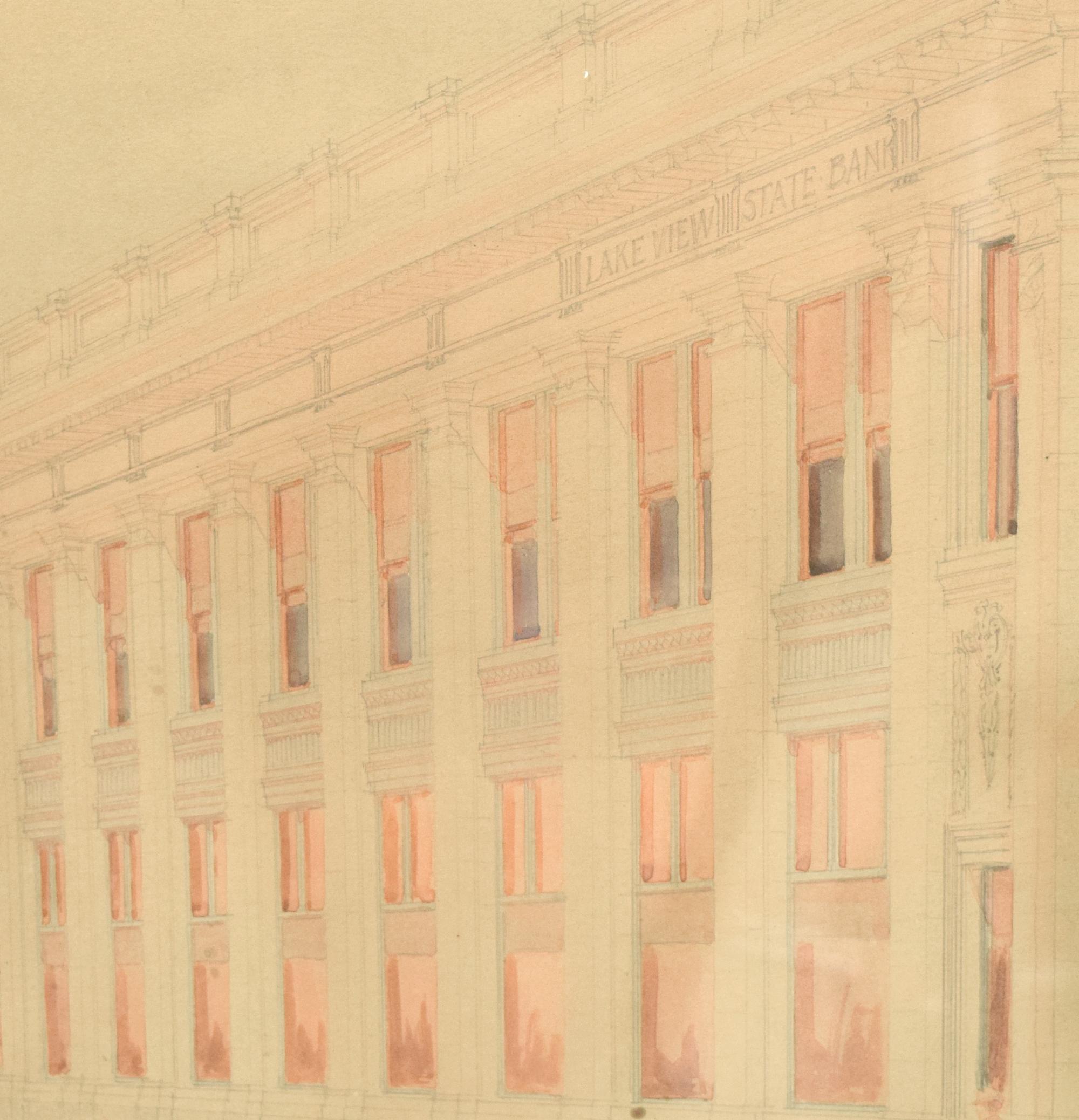 A Hand Rendered Presentation Drawing of the Lake View State Bank Building at Clark & Belmont in Chicago, IL. 34.5" W x .75" D x 29.5" H — United States, 20th Century