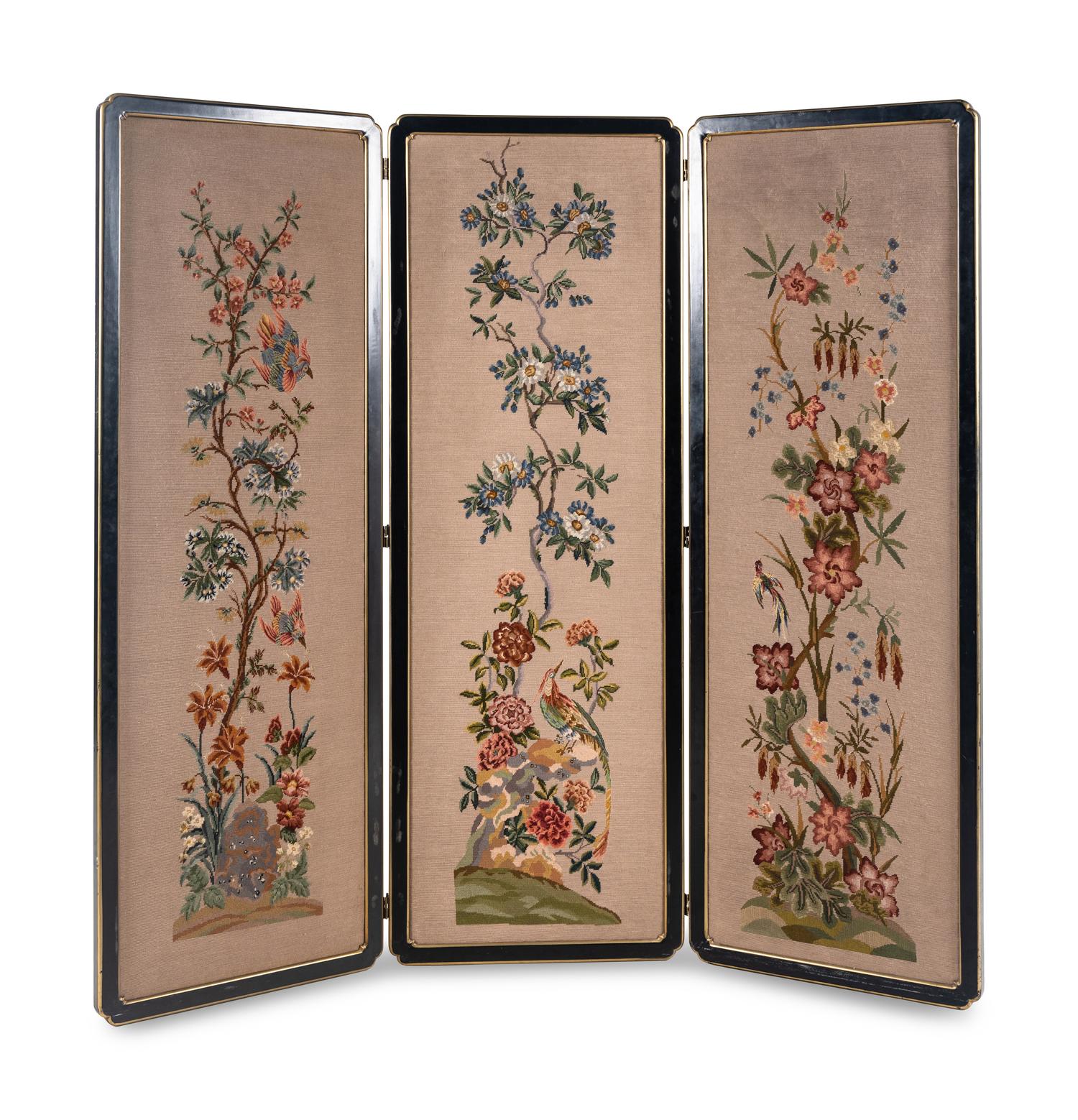 A Needlepoint-Inset Three-Panel Screen