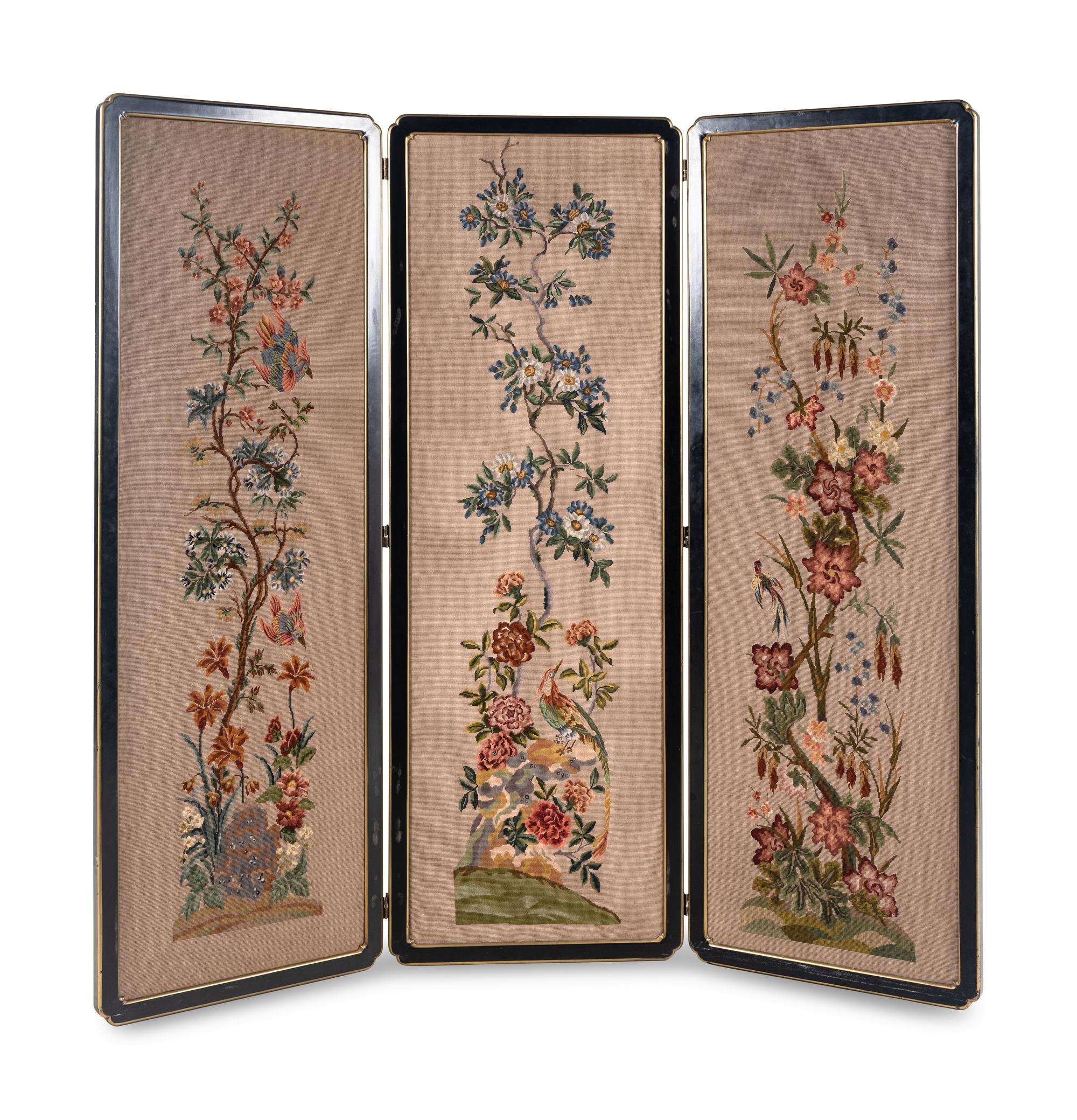 A Needlepoint-Inset Three-Panel Screen