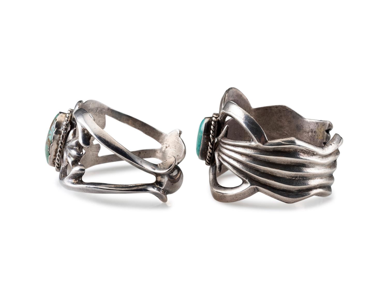 Navajo Sandcast Silver and Turquoise Cuff Bracelets