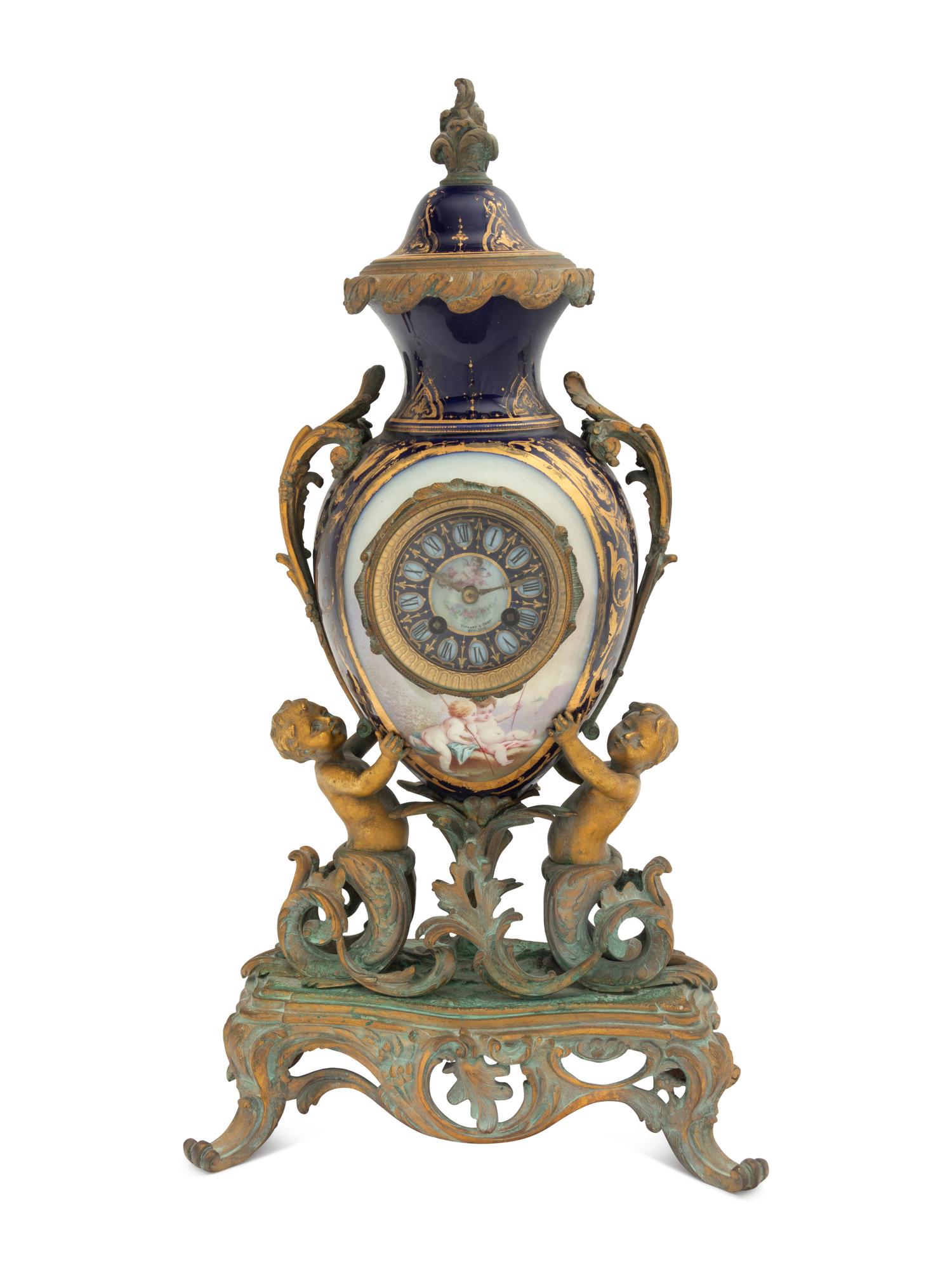 A Sèvres Style Gilt Bronze Mounted Porcelain Mantel Clock Retailed by Tiffany and Co.