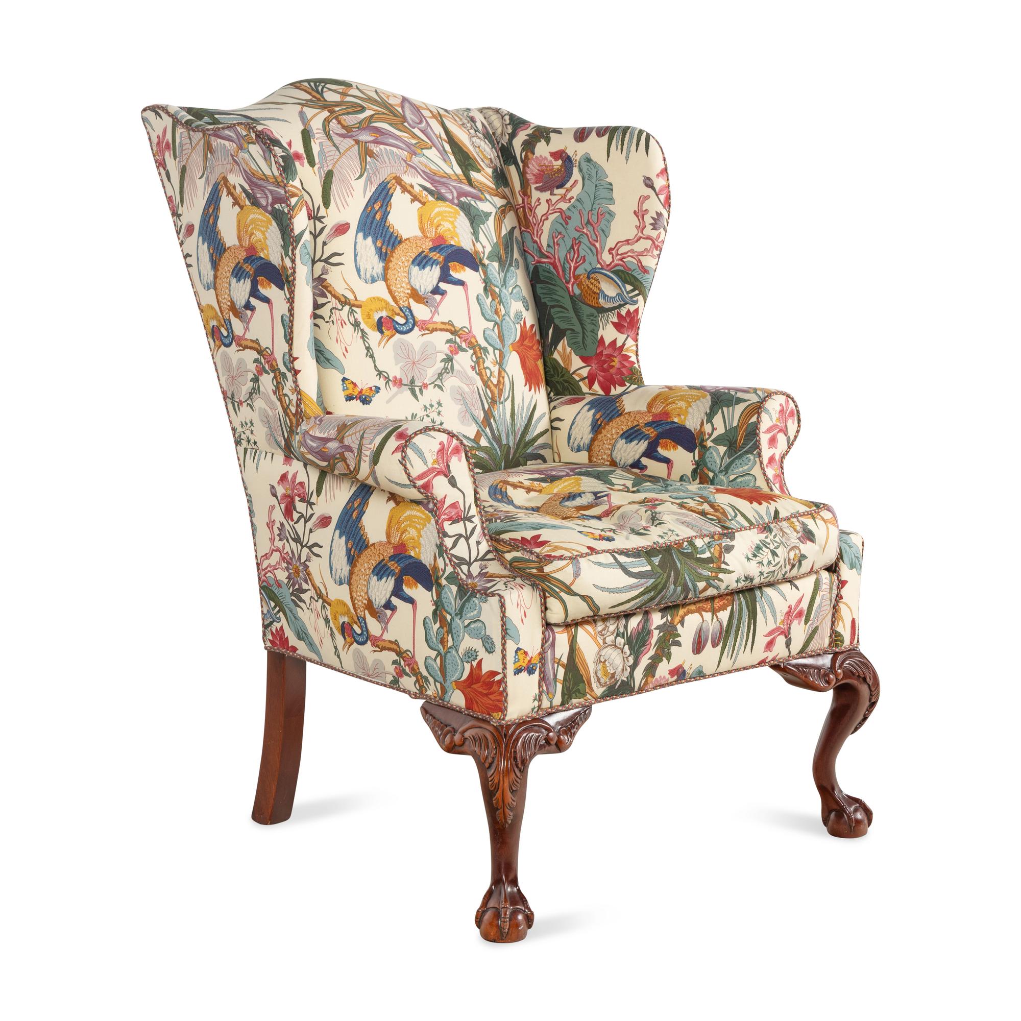 A Chippendale Style Mahogany and Salamandré Upholstered Wingback Armchair