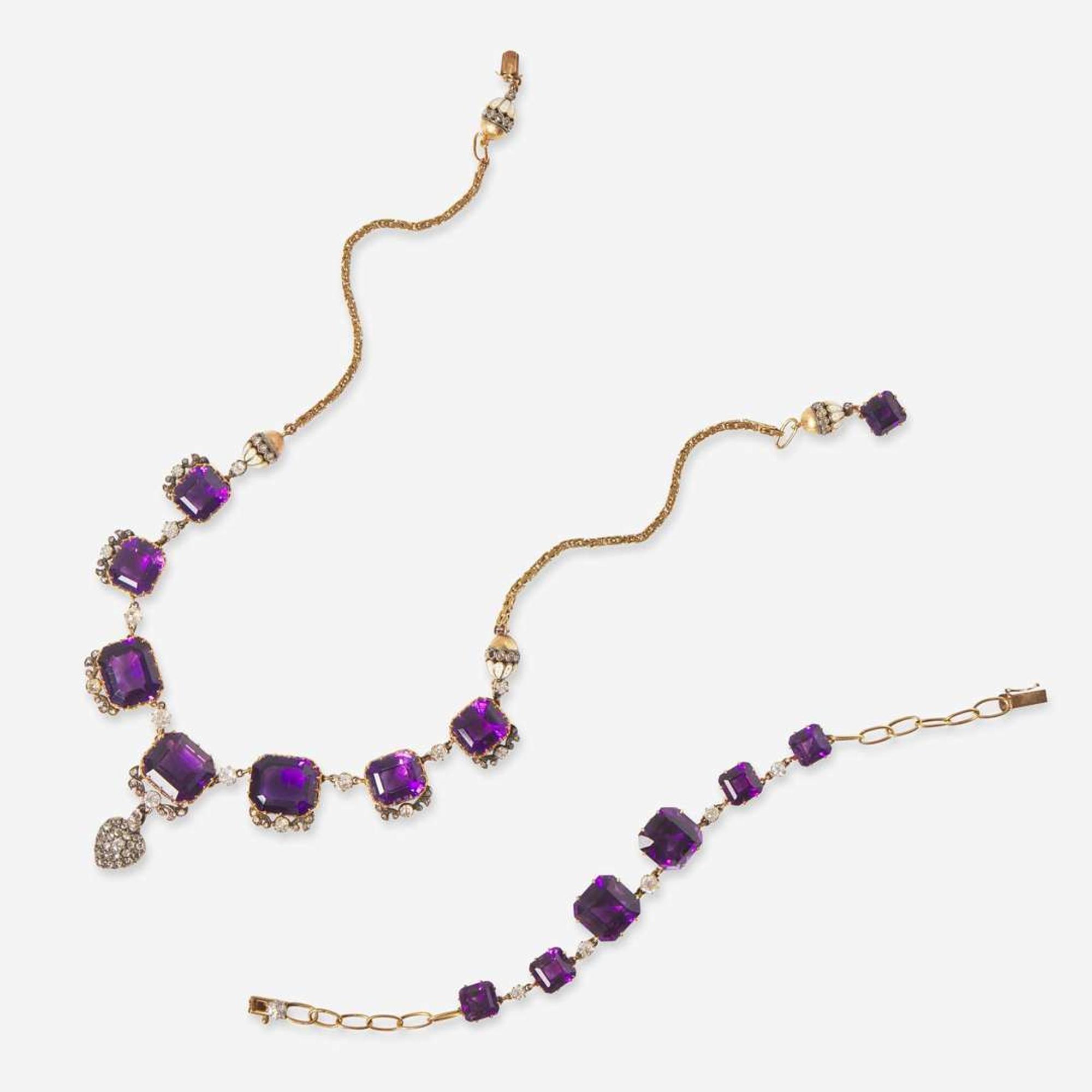 A Matching 14K Yellow Gold, Amethyst, and Diamond Necklace and Bracelet Georgian, c.1880