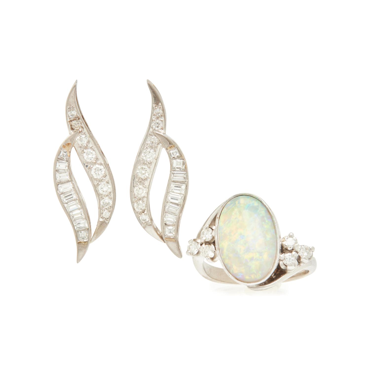 COLLECTION OF WHITE GOLD, DIAMOND, AND OPAL JEWELRY