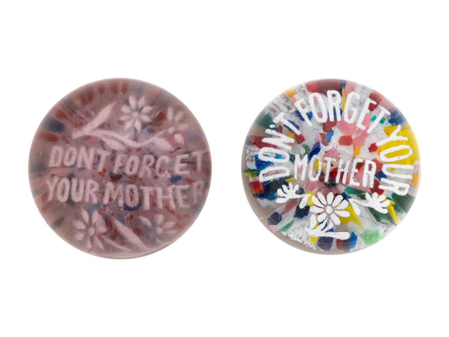 Three American Frit Mother Motto Glass Paperweights and a Two-Color Crown Glass Paperweight