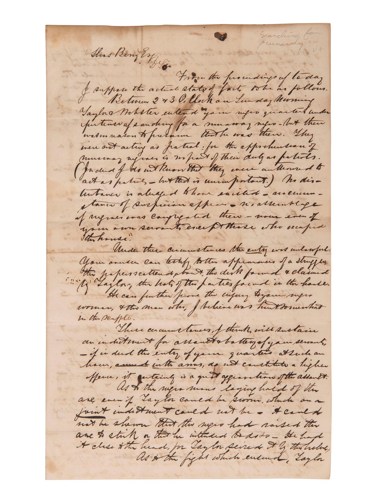 [ENSLAVEMENT]. Lawyer's letter outlining case against men accused of assaulting enslaved persons.