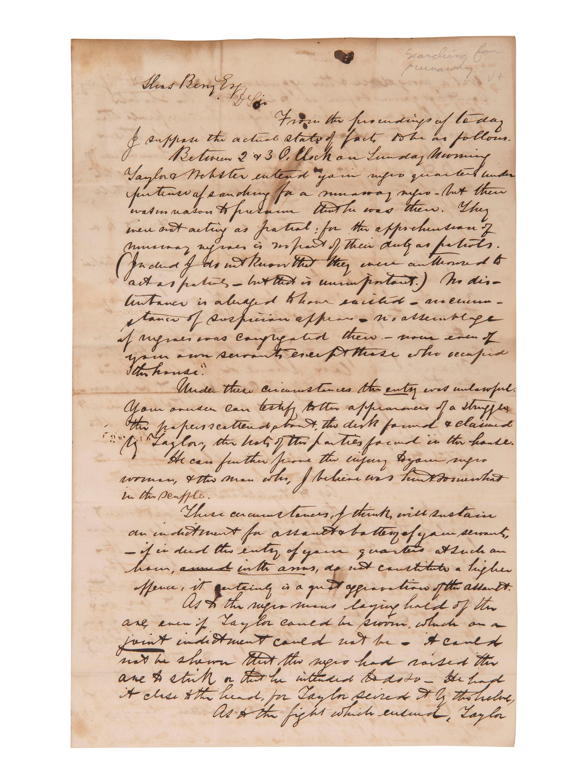 [ENSLAVEMENT]. Lawyer's letter outlining case against men accused of assaulting enslaved persons.