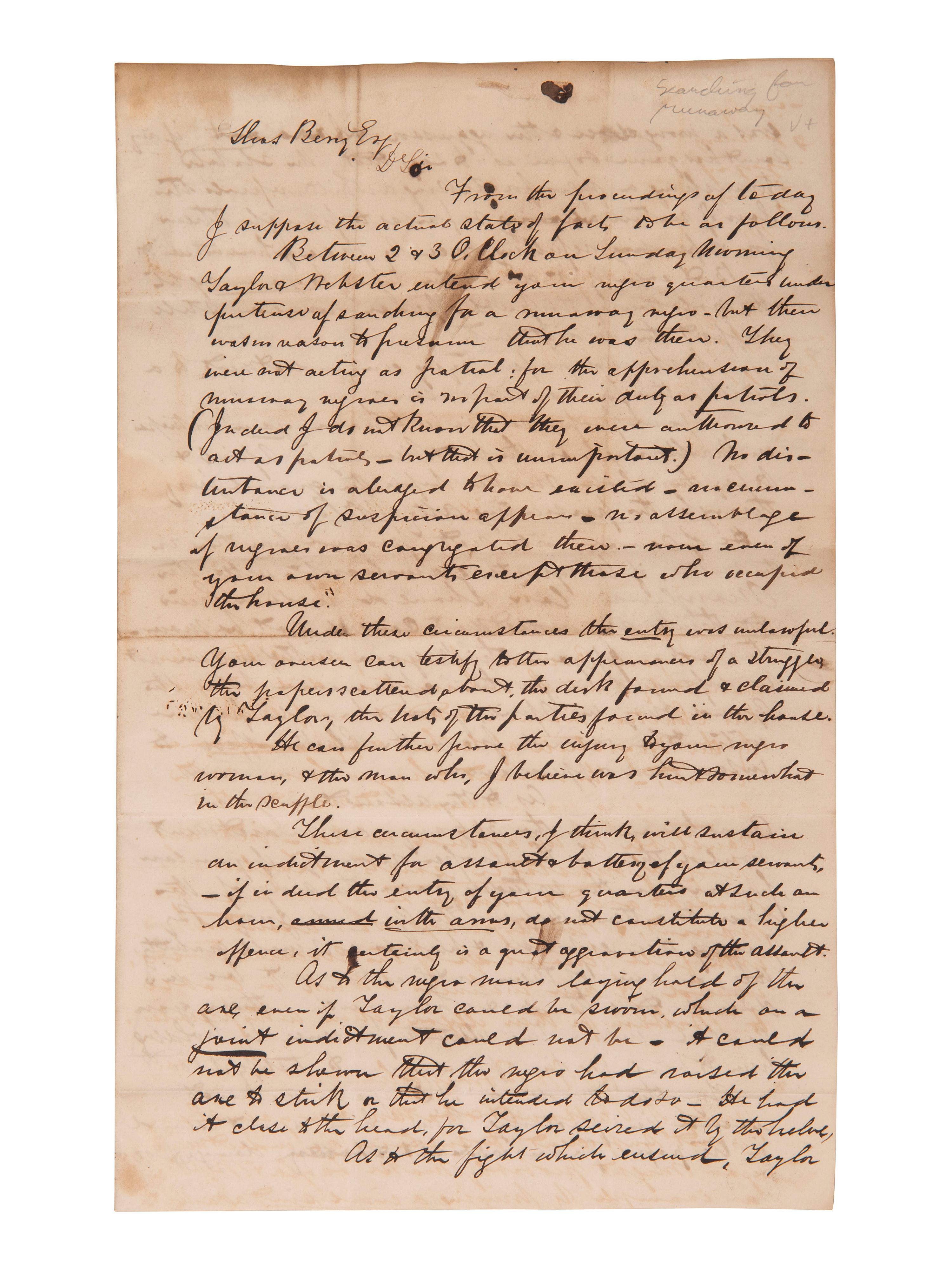 [ENSLAVEMENT]. Lawyer's letter outlining case against men accused of assaulting enslaved persons.