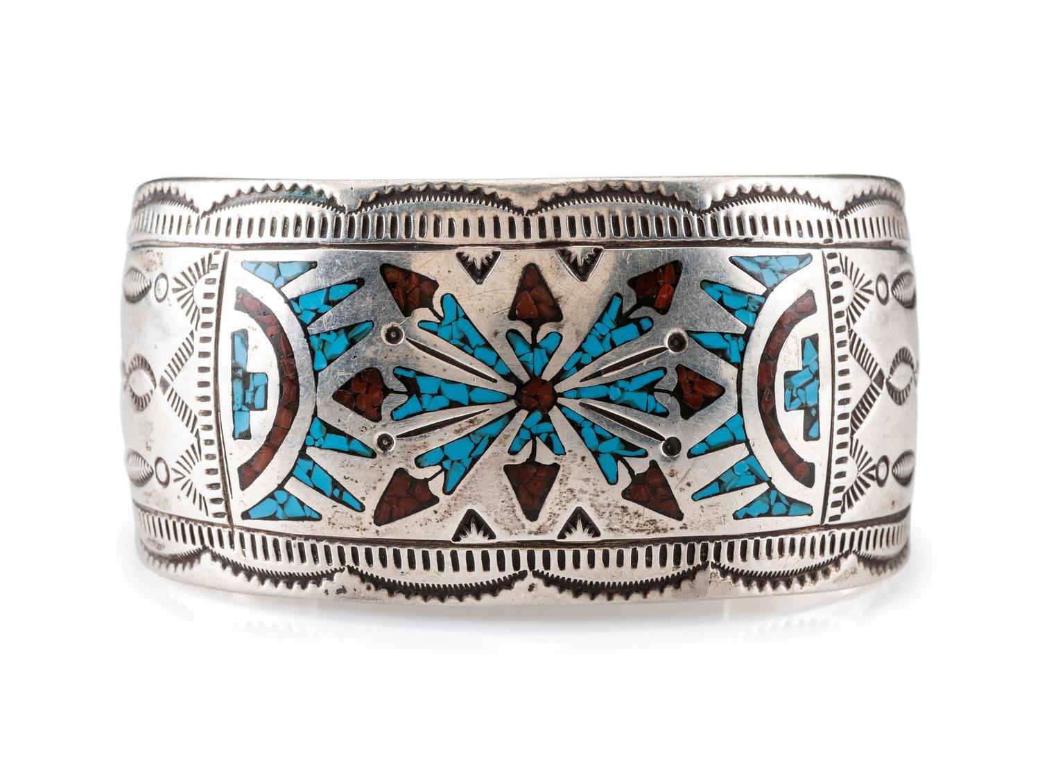 Navajo Havily Stamped Sterling Silver Cuff Bracelet, with Turquoise and Coral Chip Inlay
