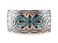 Navajo Havily Stamped Sterling Silver Cuff Bracelet, with Turquoise and Coral Chip Inlay