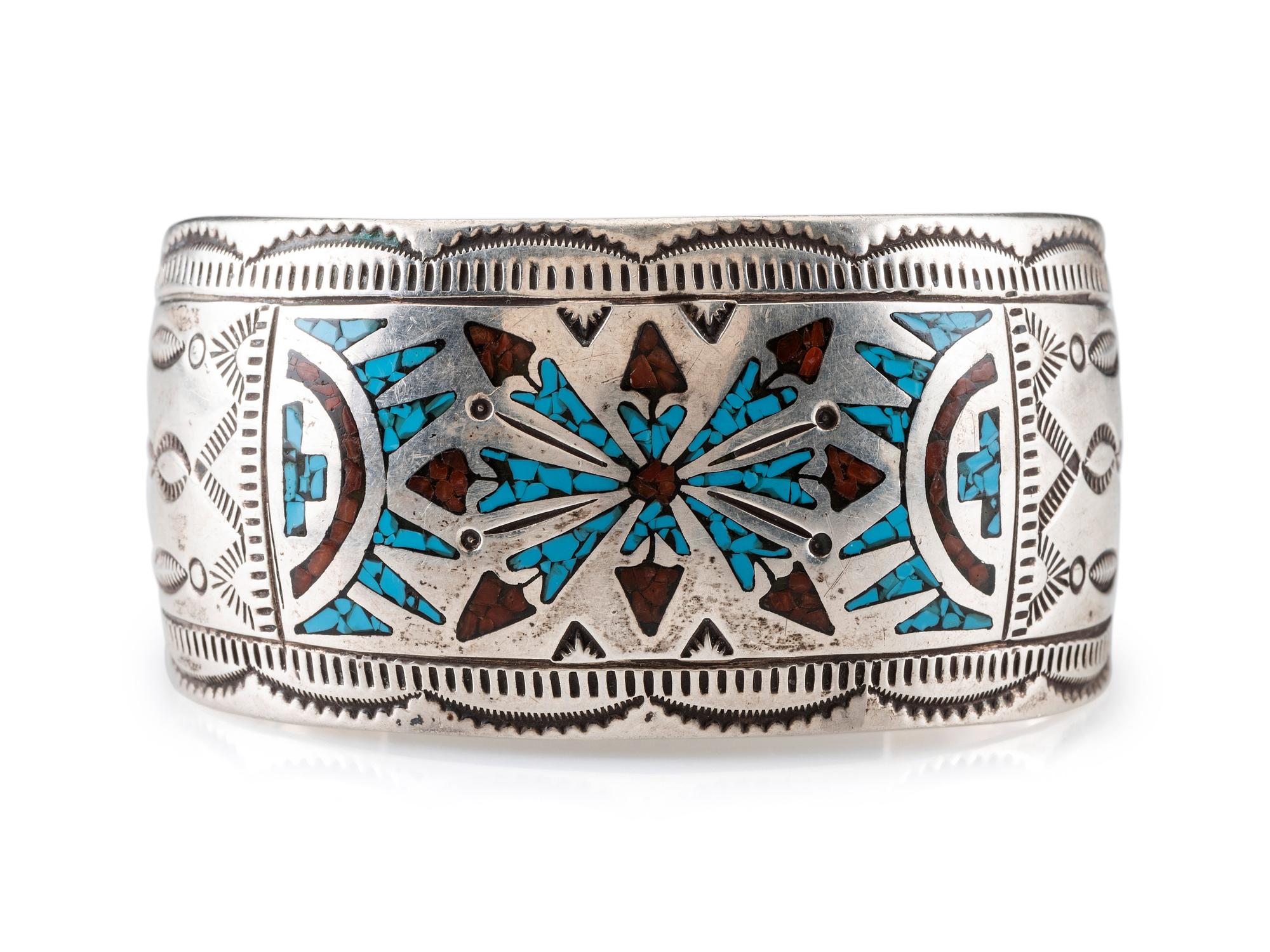 Navajo Havily Stamped Sterling Silver Cuff Bracelet, with Turquoise and Coral Chip Inlay