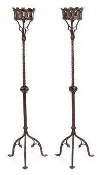A Pair of Gothic Style Ironwork Torchieres Height 66 inches. — 20TH CENTURY
