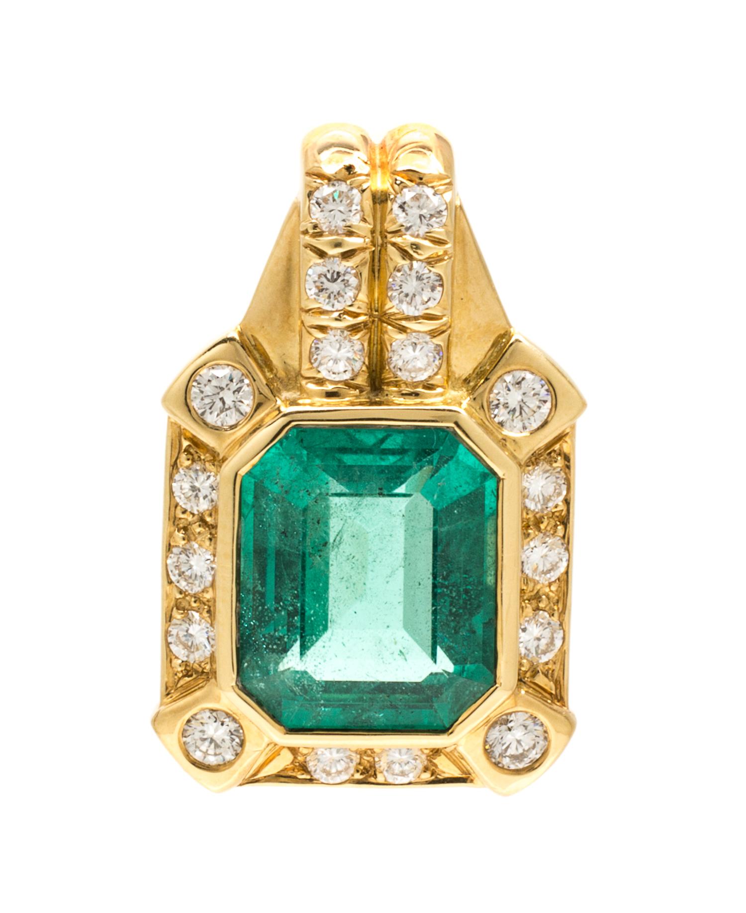 A Yellow Gold, Emerald and Diamond Pendant, 9.60 dwts.