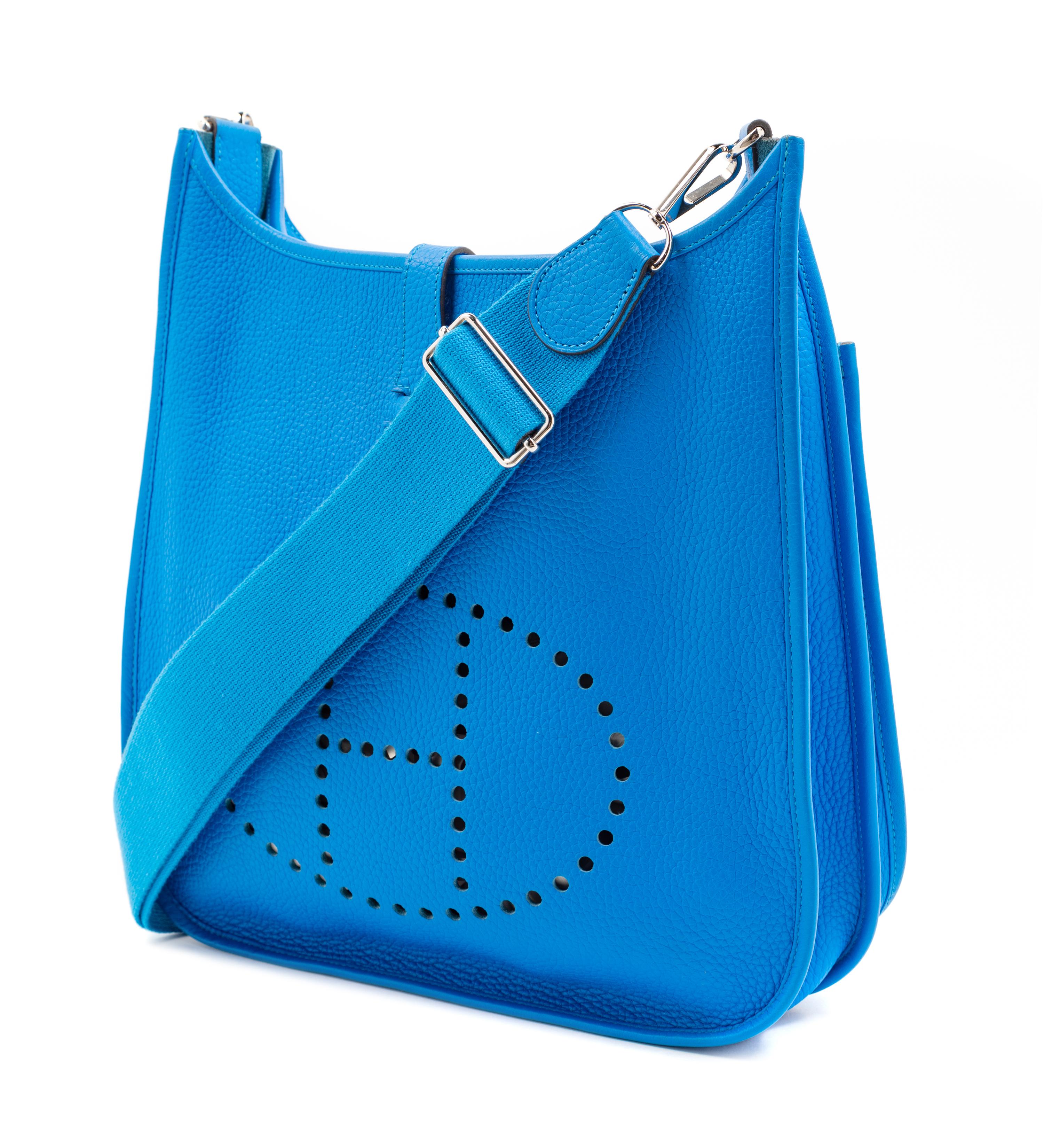 Hermès Blue Clemence Evelyne III GM Handbag, 2012 13" L x 4" W x 12" H; Strap drop: 19"- 27"