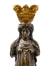 A Pair of French Neoclassical Gilt and Patinated Bronze Figural Lamps After Jean Goujon