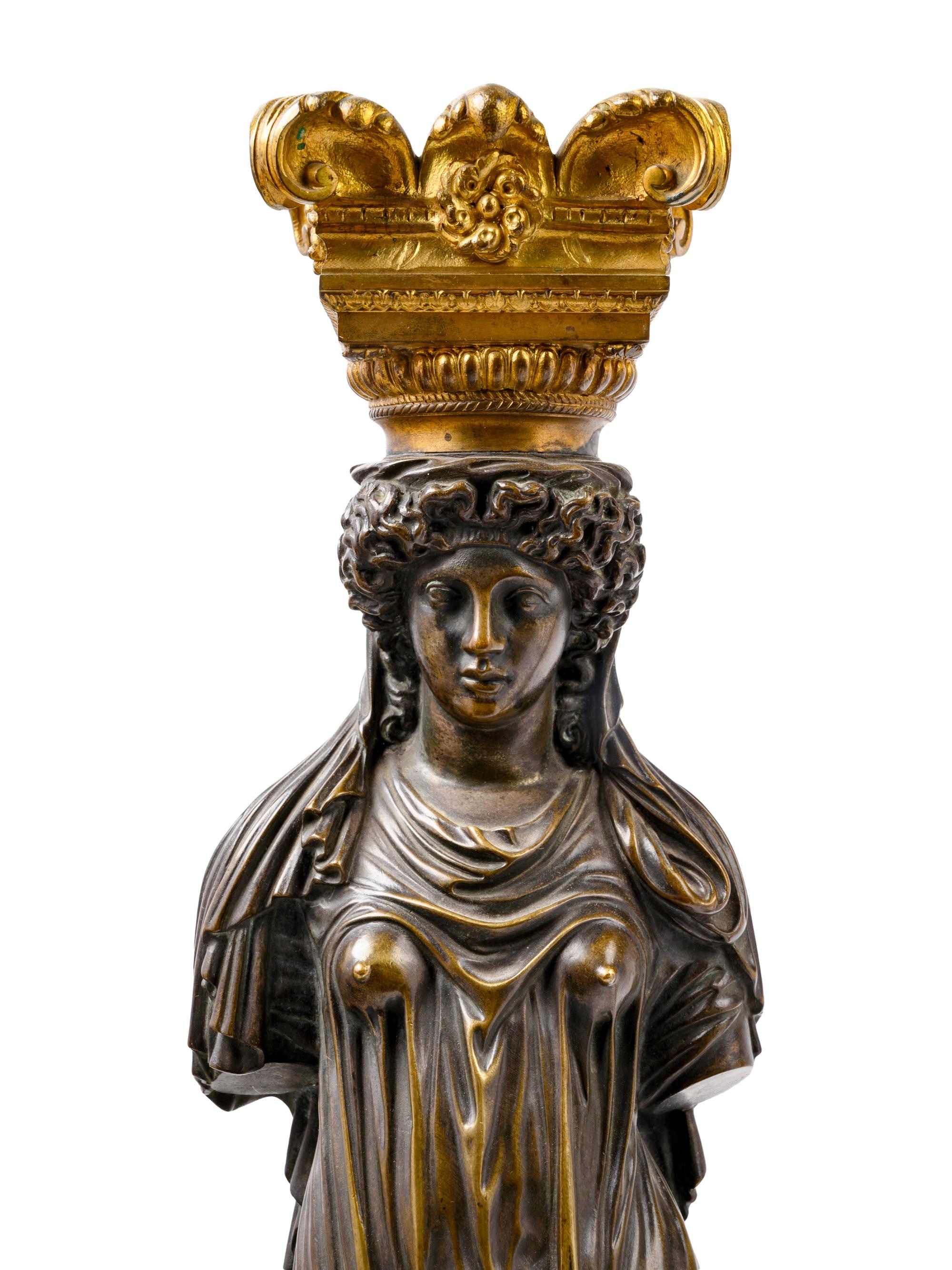 A Pair of French Neoclassical Gilt and Patinated Bronze Figural Lamps After Jean Goujon