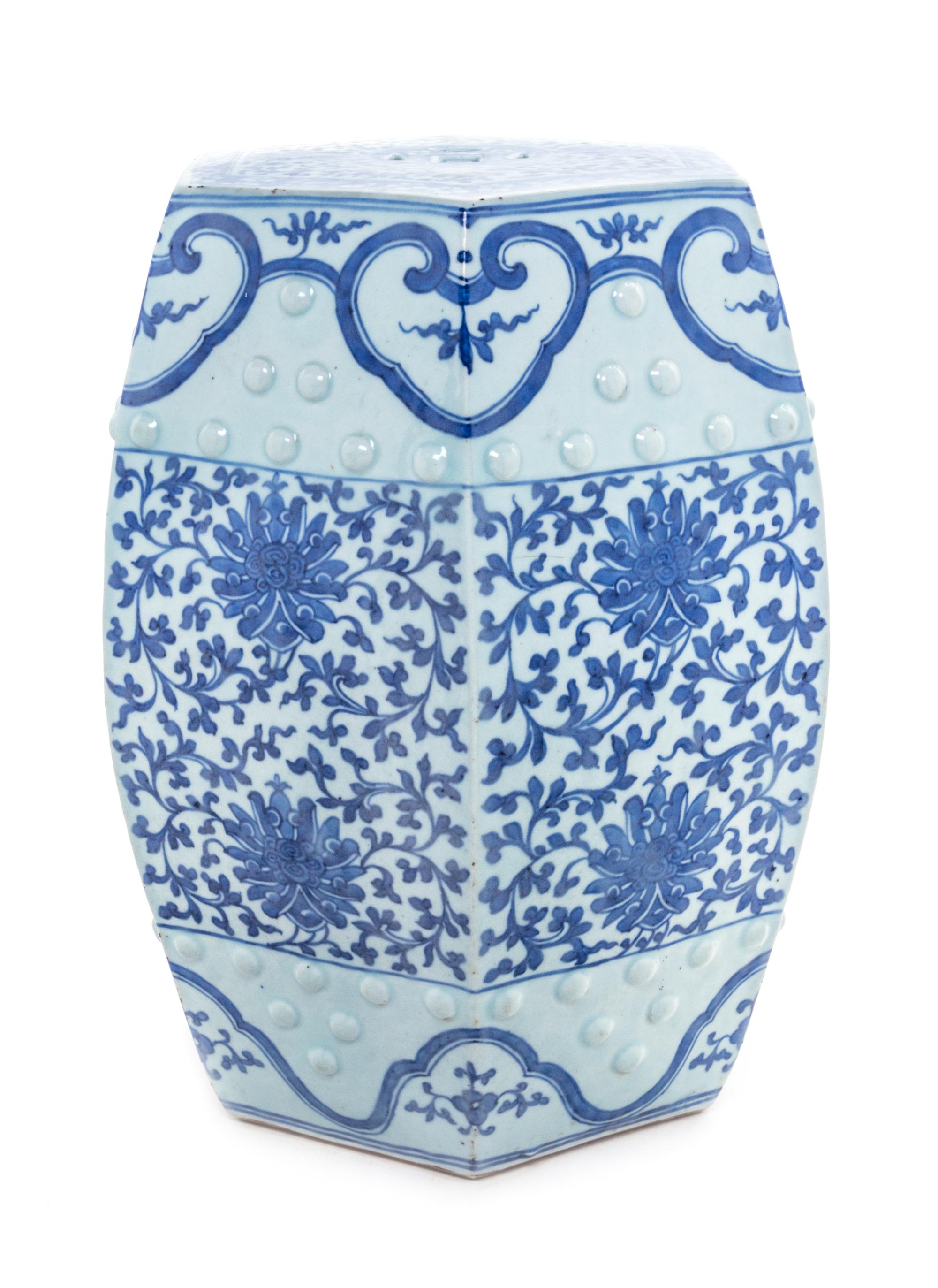 A Blue and White Porcelain Hexagonal Garden Stool Height 18 1/4 inches. — 19TH CENTURY