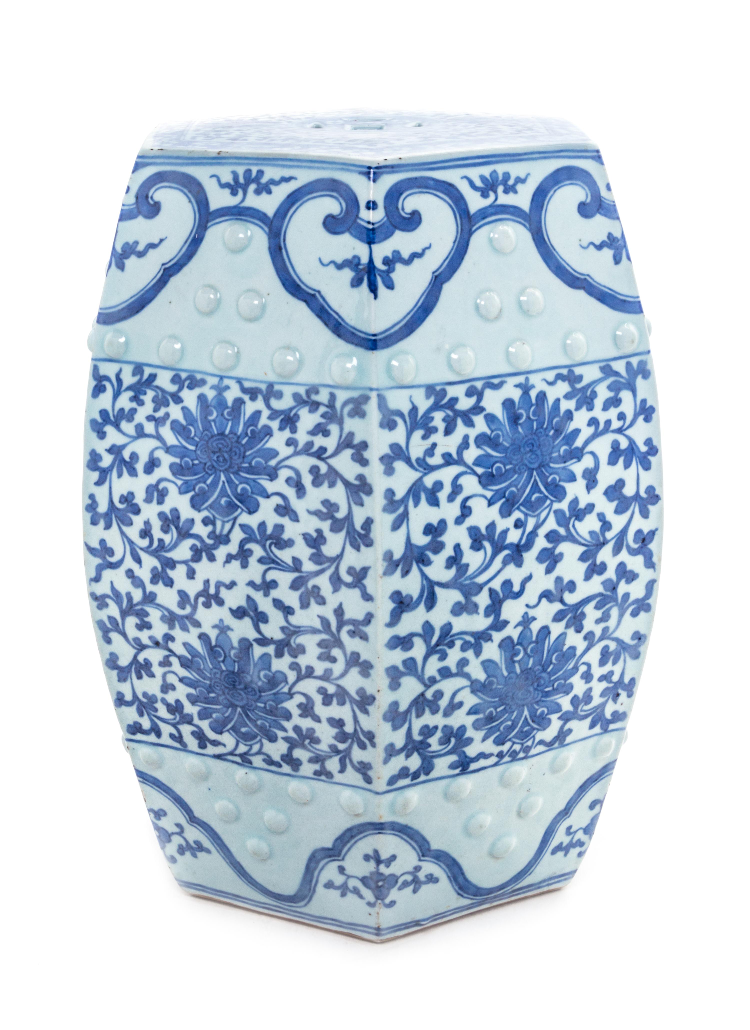 A Blue and White Porcelain Hexagonal Garden Stool Height 18 1/4 inches. — 19TH CENTURY