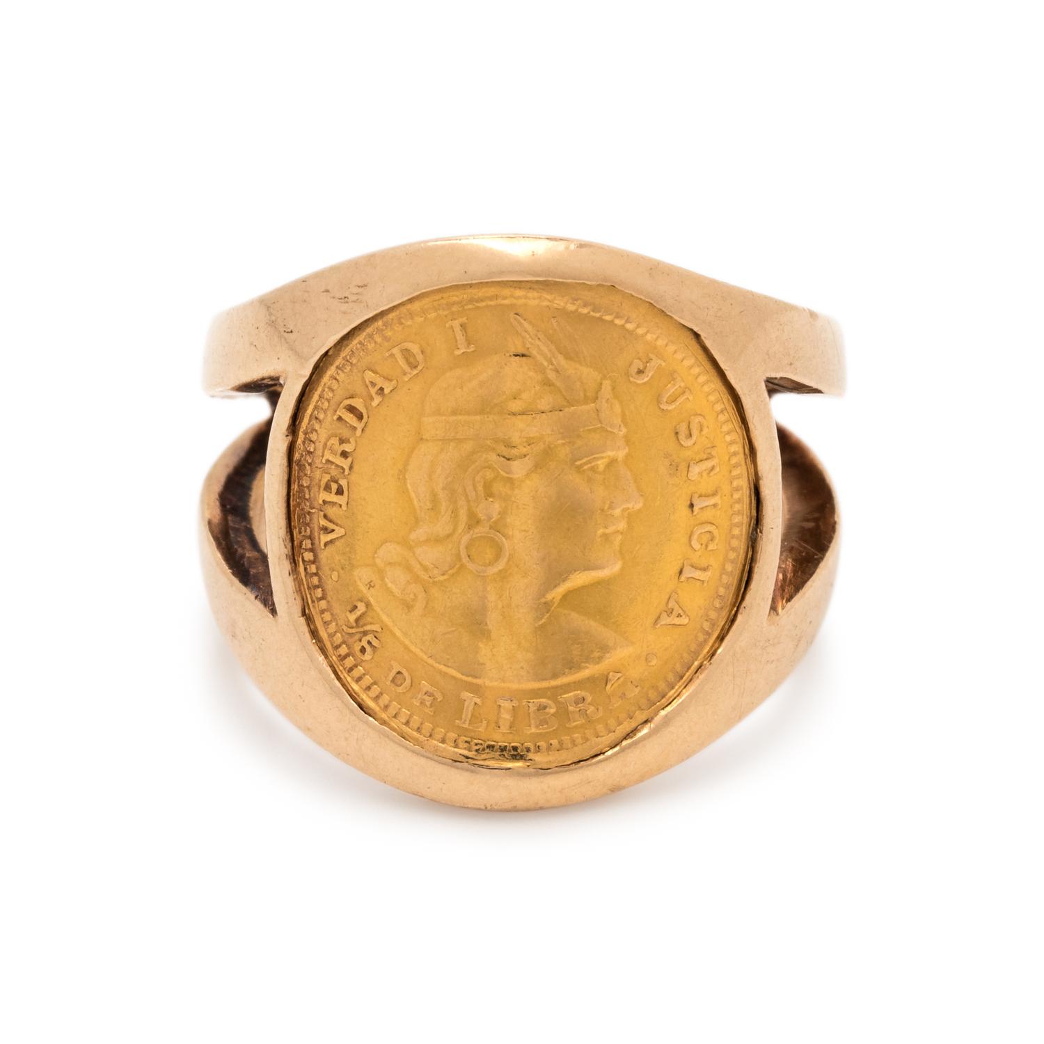 YELLOW GOLD AND PERUVIAN 1/5 LIBRA COIN RING