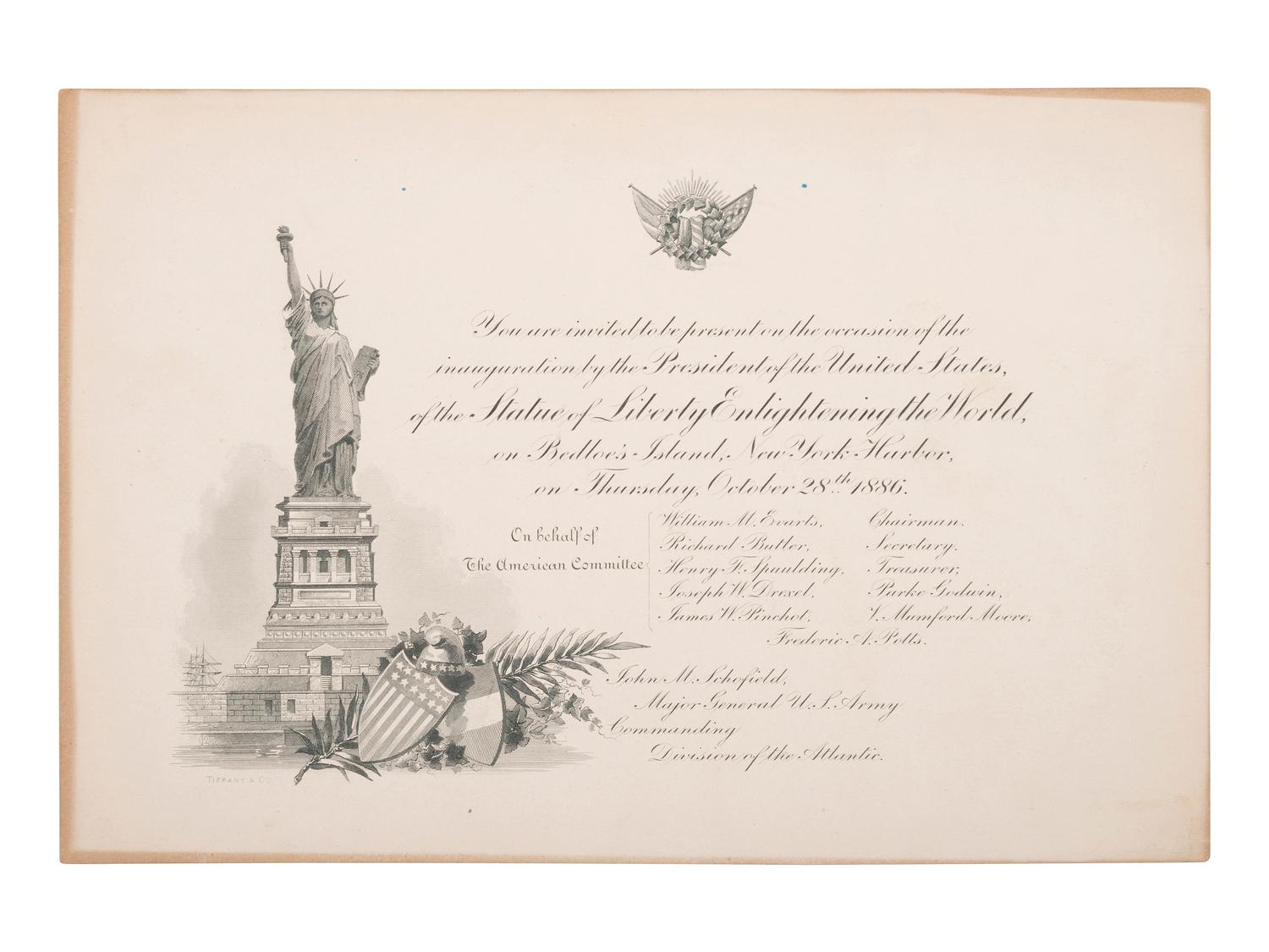 [NEW YORK]. A group of 3 items celebrating the unveiling of the Statue of Liberty, incl. Tiffany invitation, silk souvenir ribbon, and program.