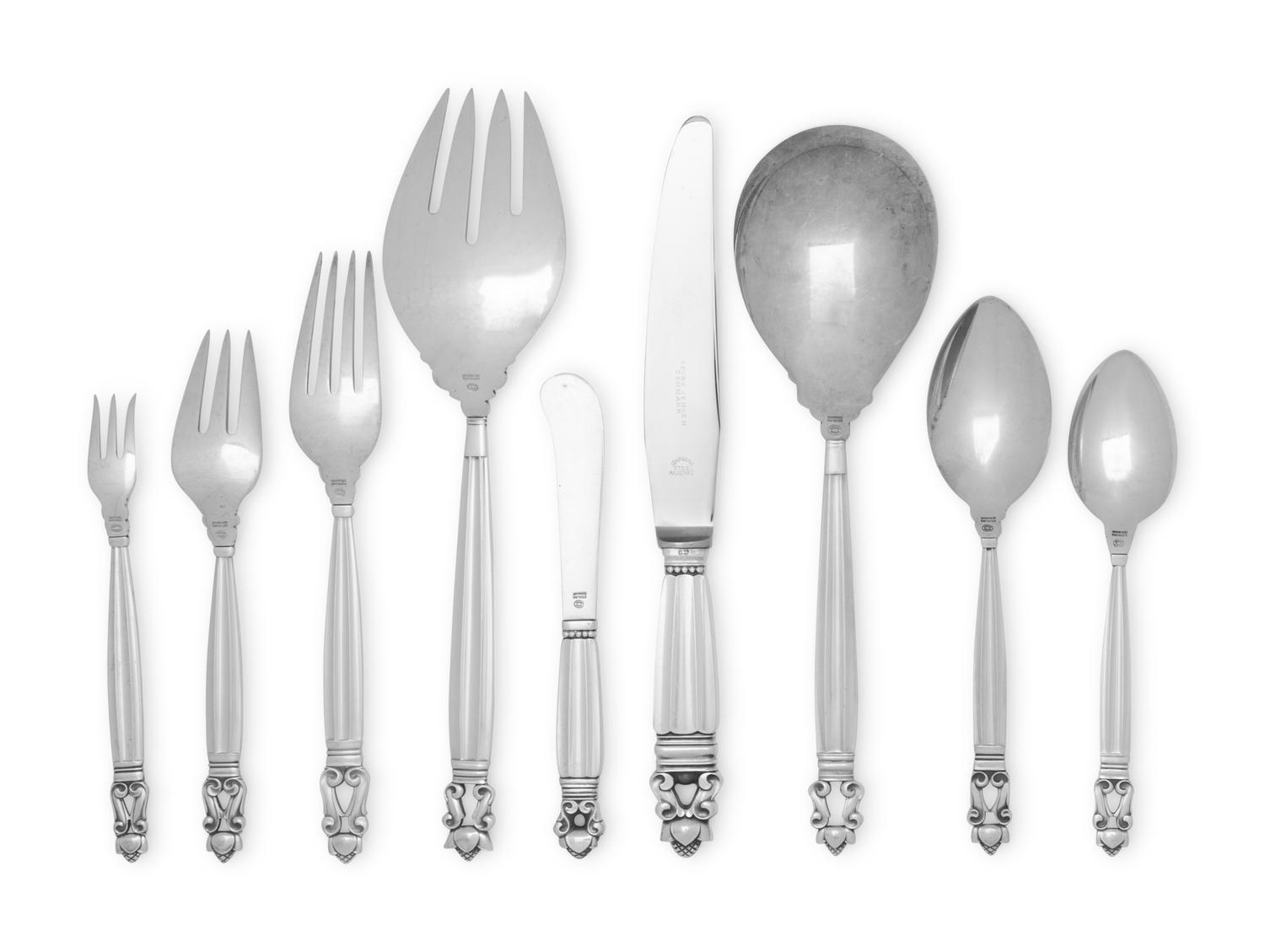 A Georg Jensen Acorn Silver Flatware Service