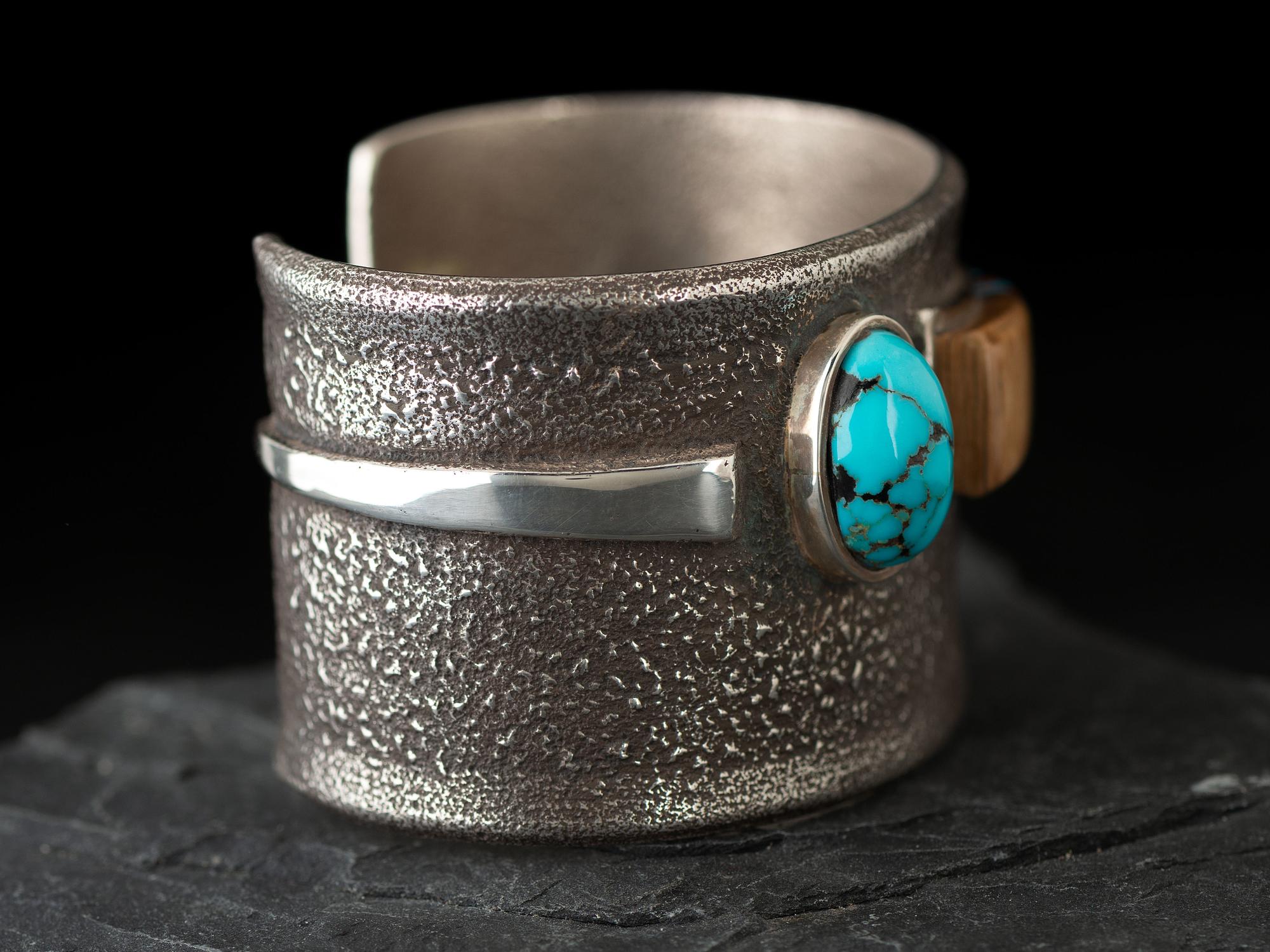 Silver Tufa Cast Cuff Bracelet with Inlay