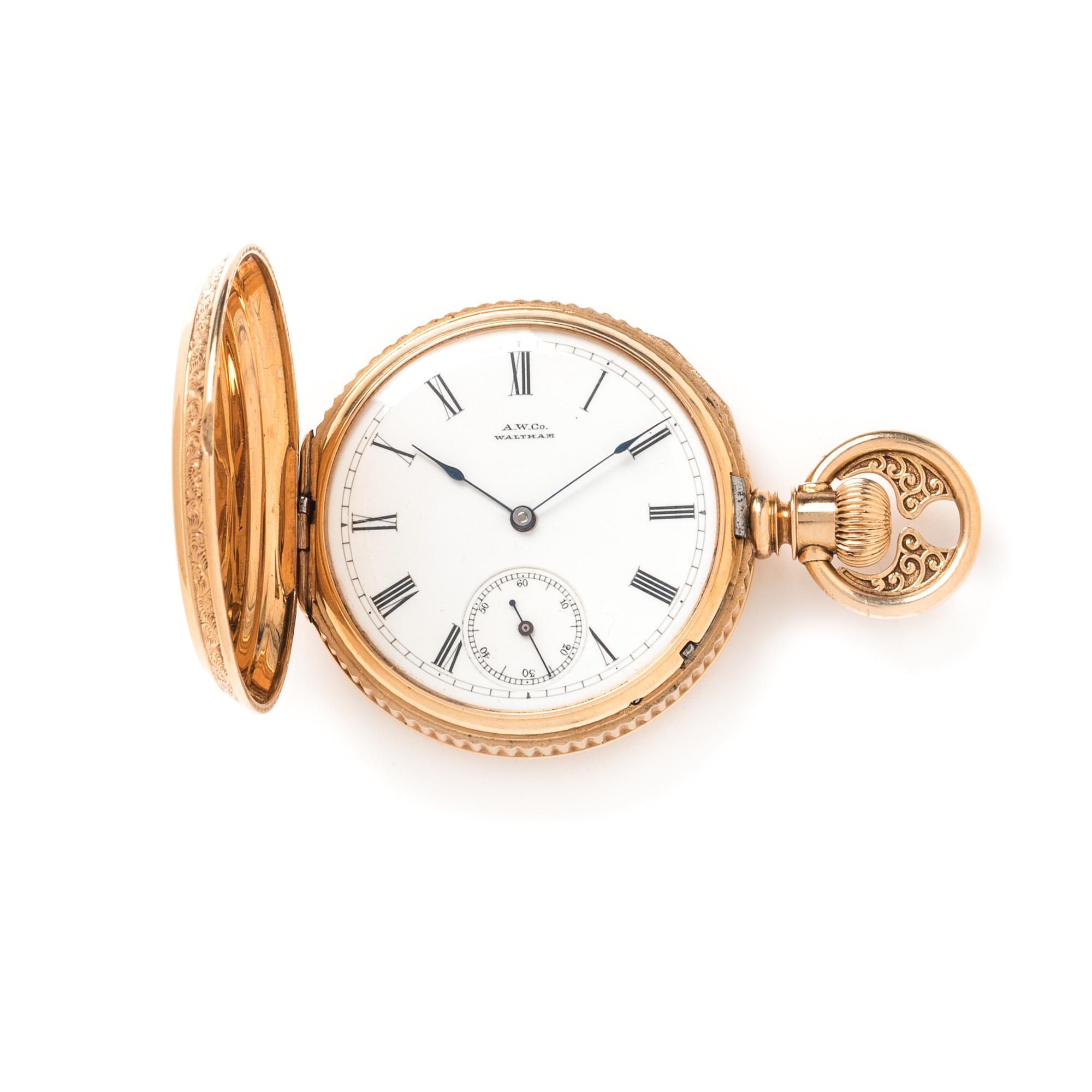 A.W. WATCH CO., 18K YELLOW GOLD HUNTER CASE POCKET WATCH